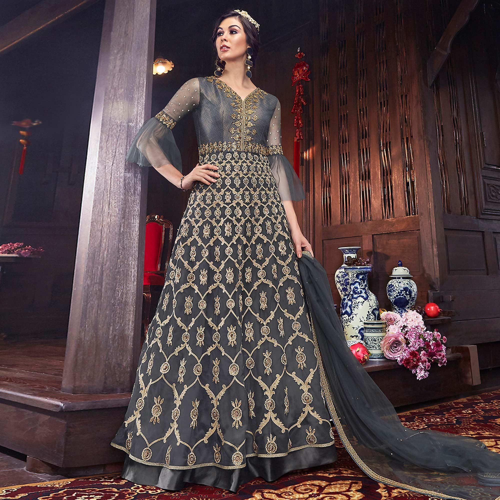 Innovative Grey Colored Partywear Embroidered Net Palazzo Suit - Peachmode
