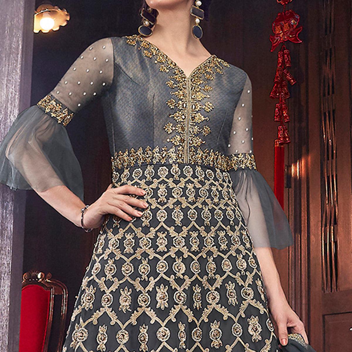 Innovative Grey Colored Partywear Embroidered Net Palazzo Suit - Peachmode