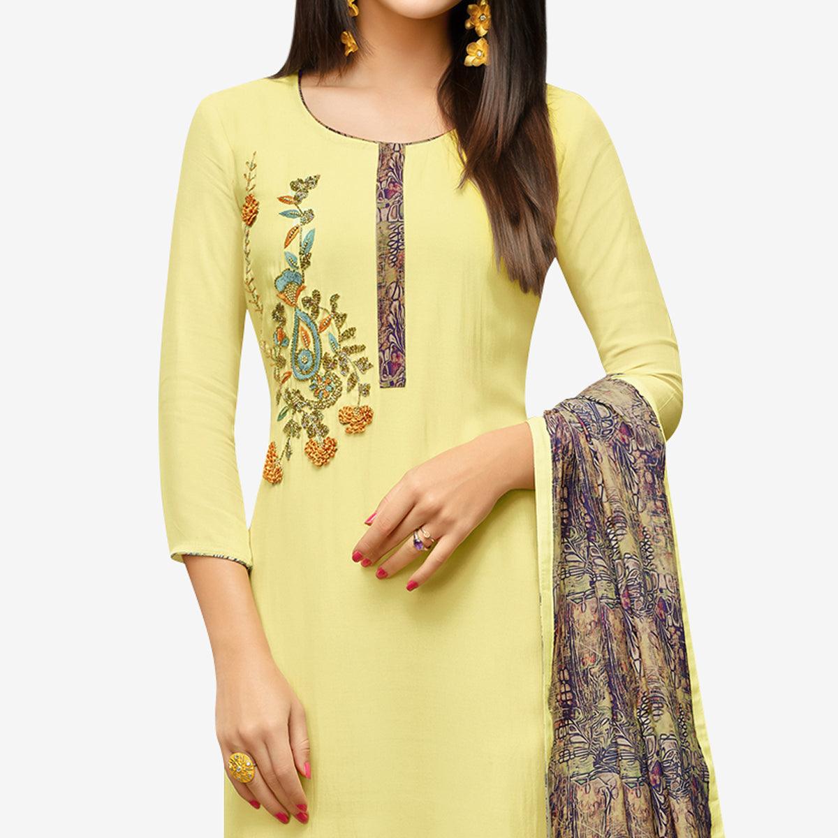 Innovative Lemon Yellow Colored Party Wear Cotton Silk Salwar Suit - Peachmode