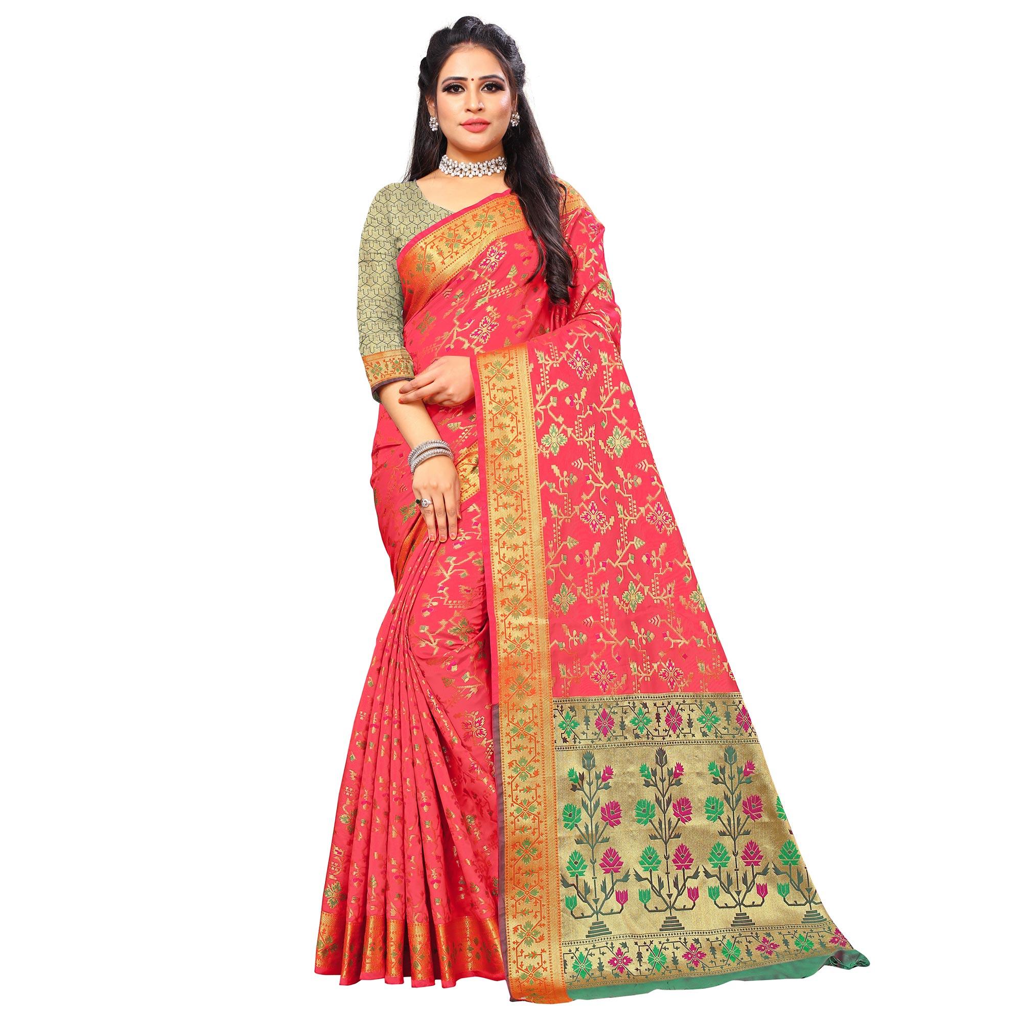 Innovative Light Pink Colored Festive Wear Woven Silk Saree - Peachmode