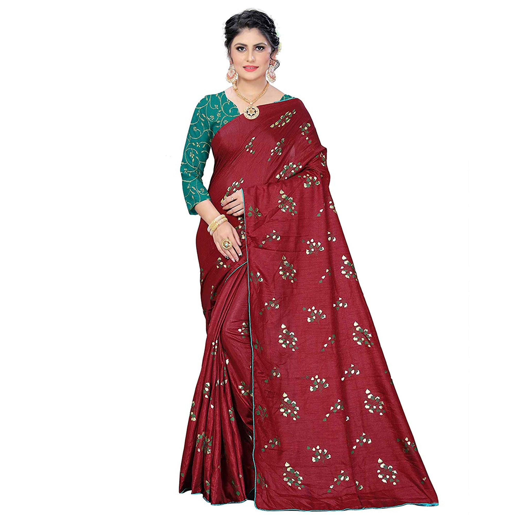 Innovative Maroon Colored Partywear Foil Work Printed Art Silk Saree - Peachmode
