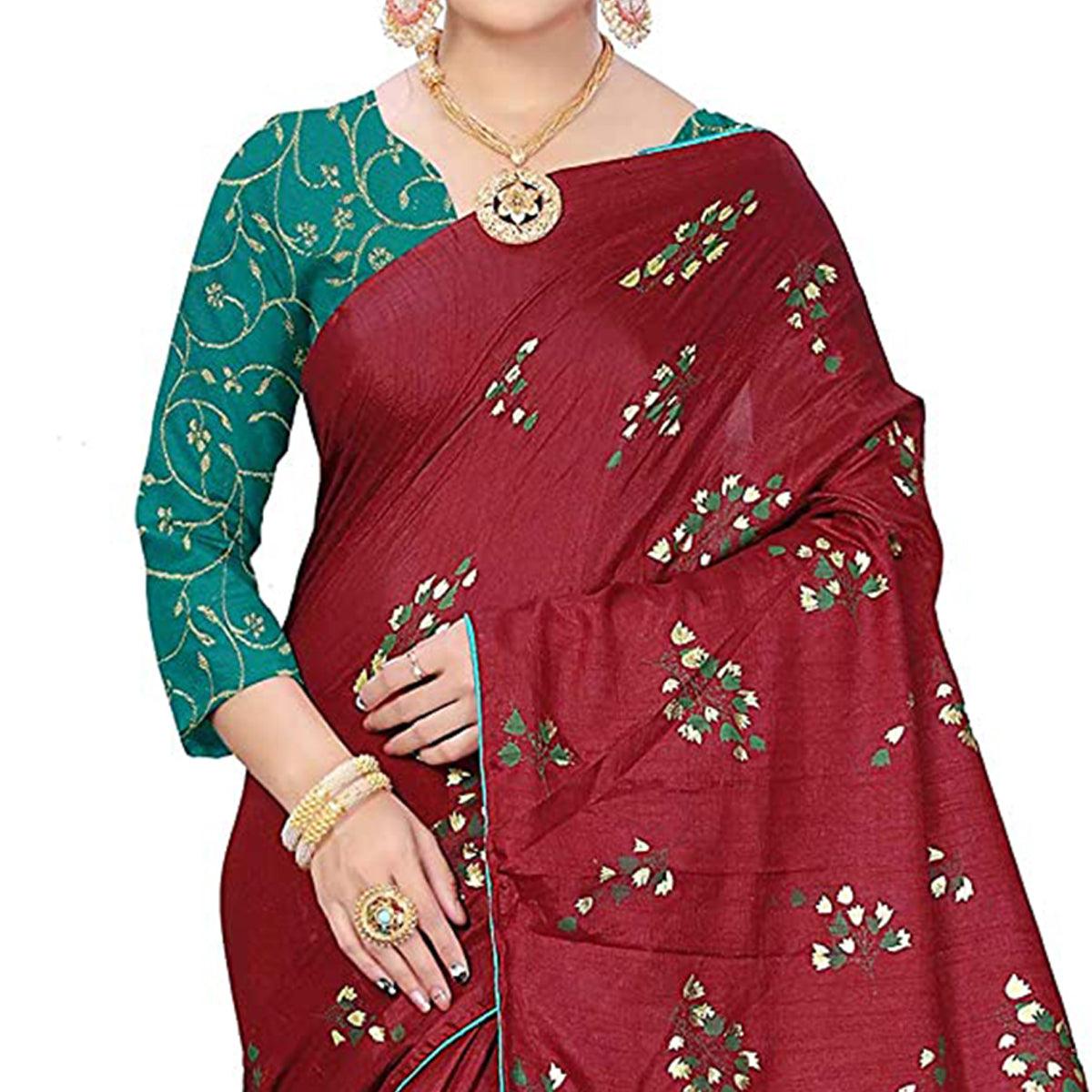 Innovative Maroon Colored Partywear Foil Work Printed Art Silk Saree - Peachmode