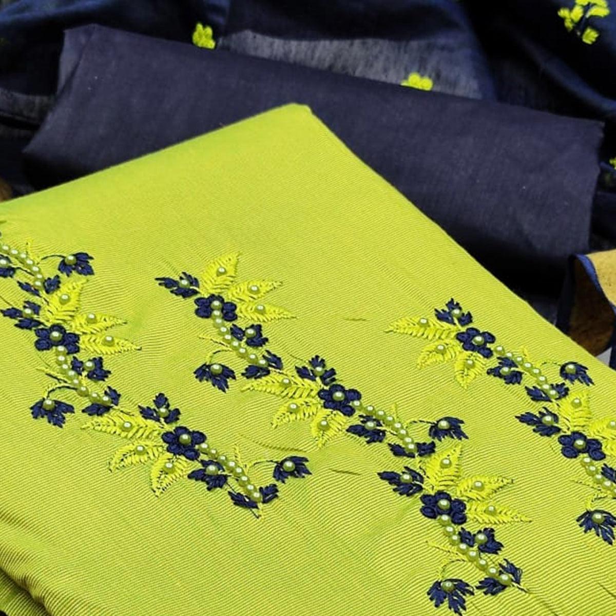 Innovative Mehendi Colored Casual Wear Embroidered Cotton Dress Material - Peachmode