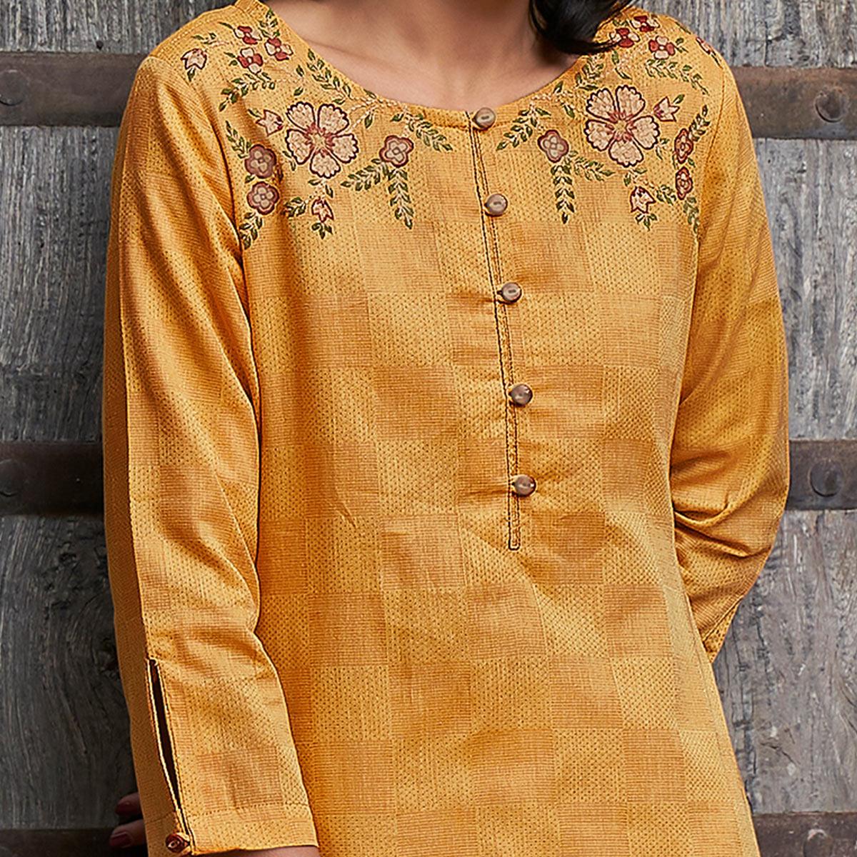 Innovative Mustard Yellow Colored Casual Wear Embroidered Pure Cotton Kurti - Peachmode