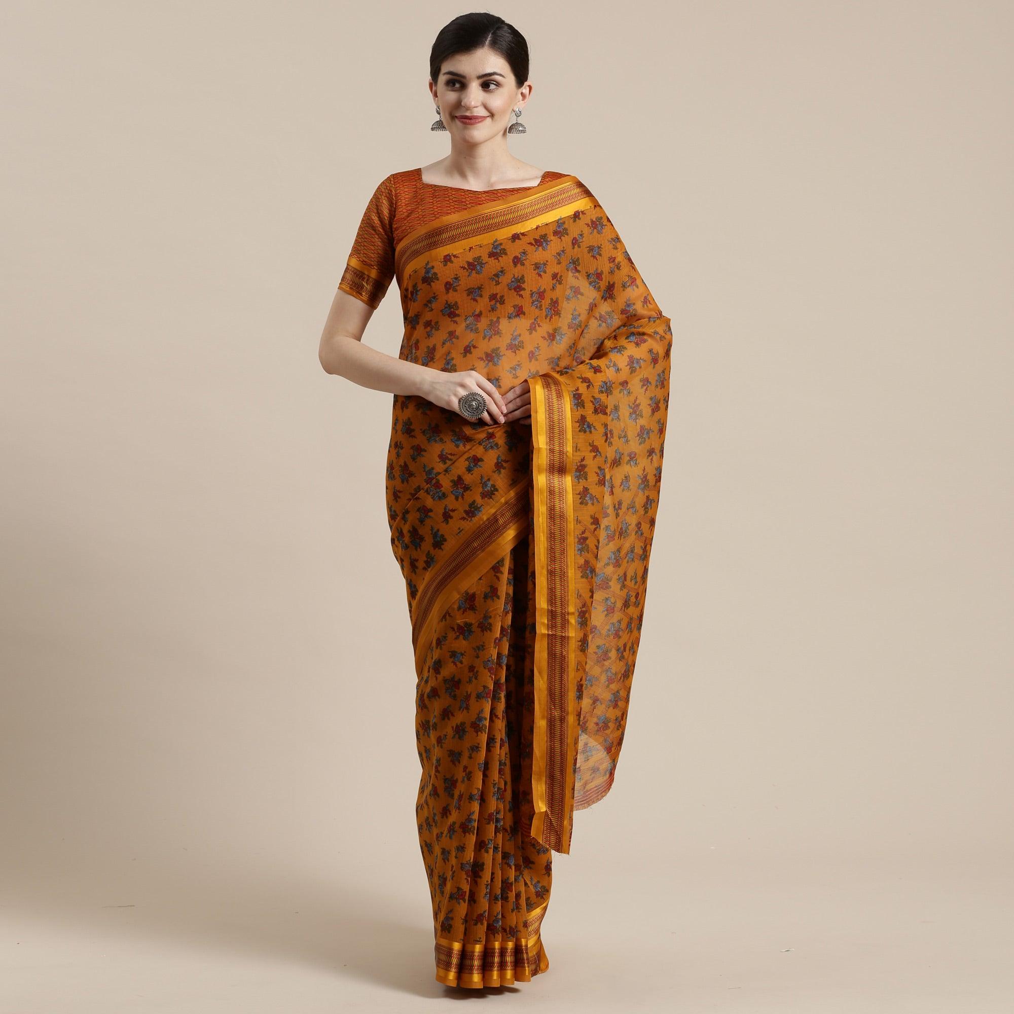 Innovative Mustard Yellow Colored Casual Wear Floral Printed Cotton Silk Saree - Peachmode