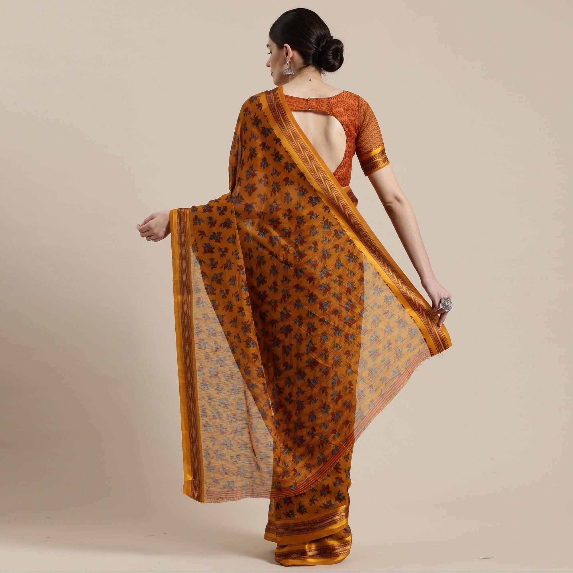 Innovative Mustard Yellow Colored Casual Wear Floral Printed Cotton Silk Saree - Peachmode