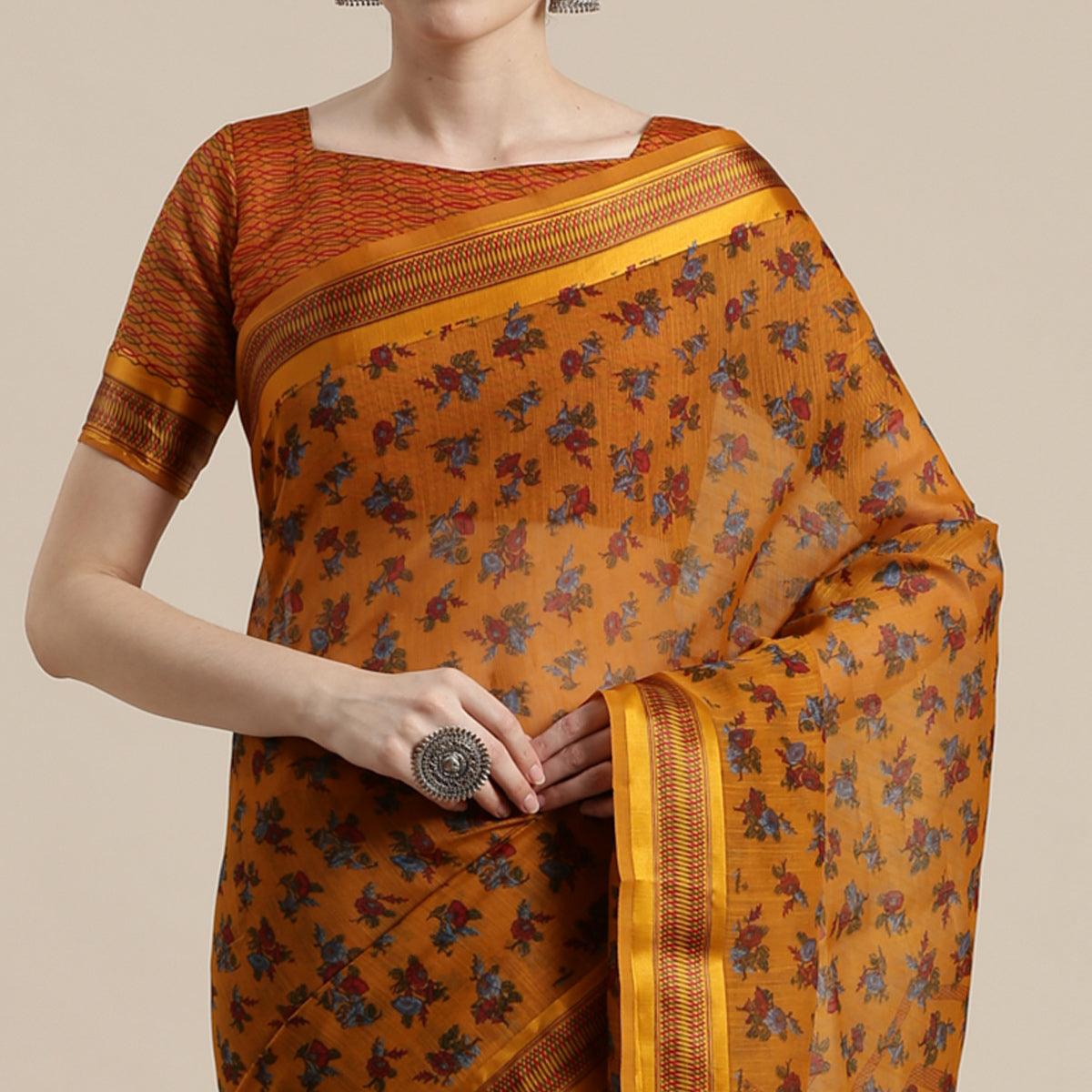 Innovative Mustard Yellow Colored Casual Wear Floral Printed Cotton Silk Saree - Peachmode