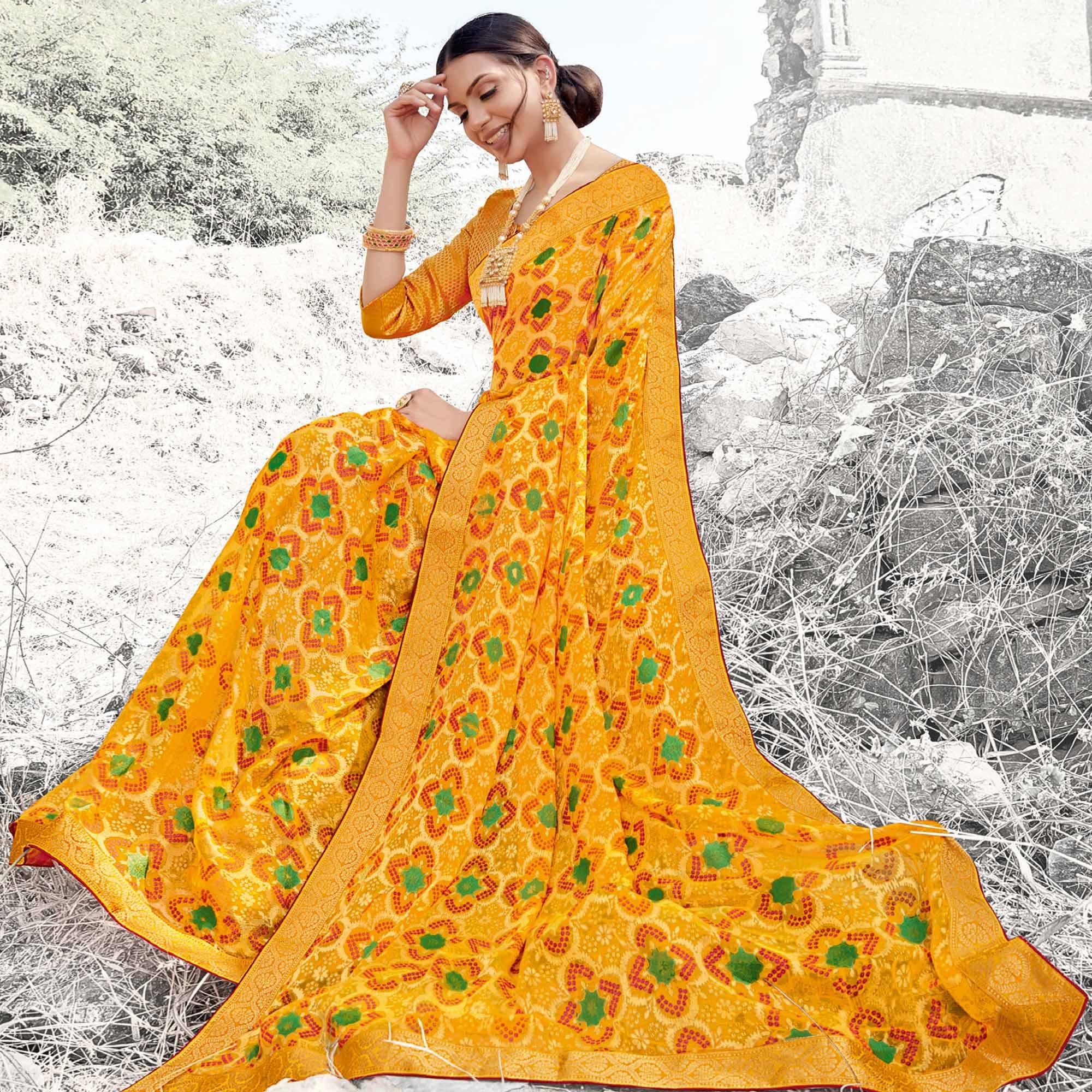 Innovative Mustard Yellow Coloured Partywear Printed Brasso Saree - Peachmode