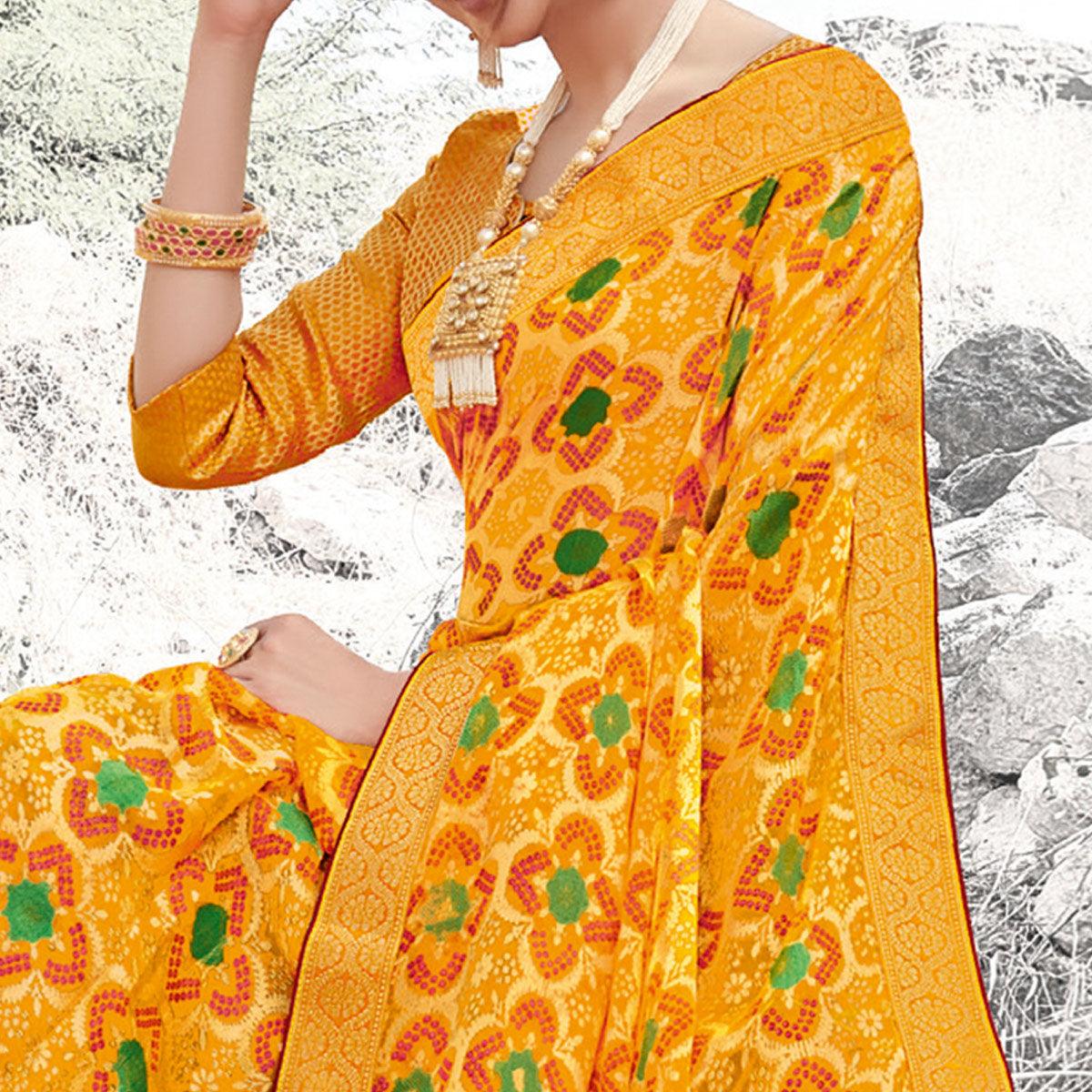 Innovative Mustard Yellow Coloured Partywear Printed Brasso Saree - Peachmode