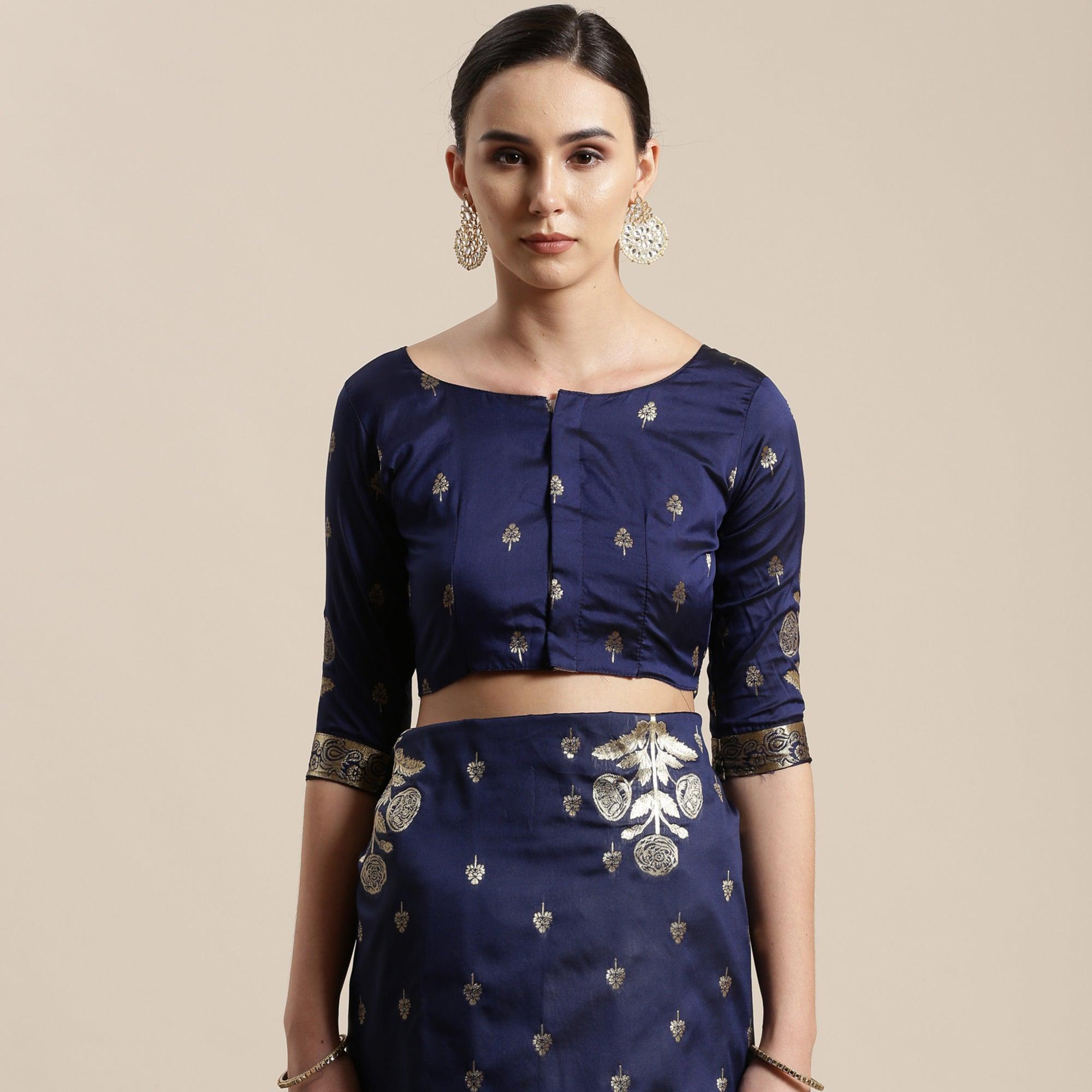 Innovative Navy Blue Colored Festive Wear Silk Blend Woven Floral Saree With Tassels - Peachmode