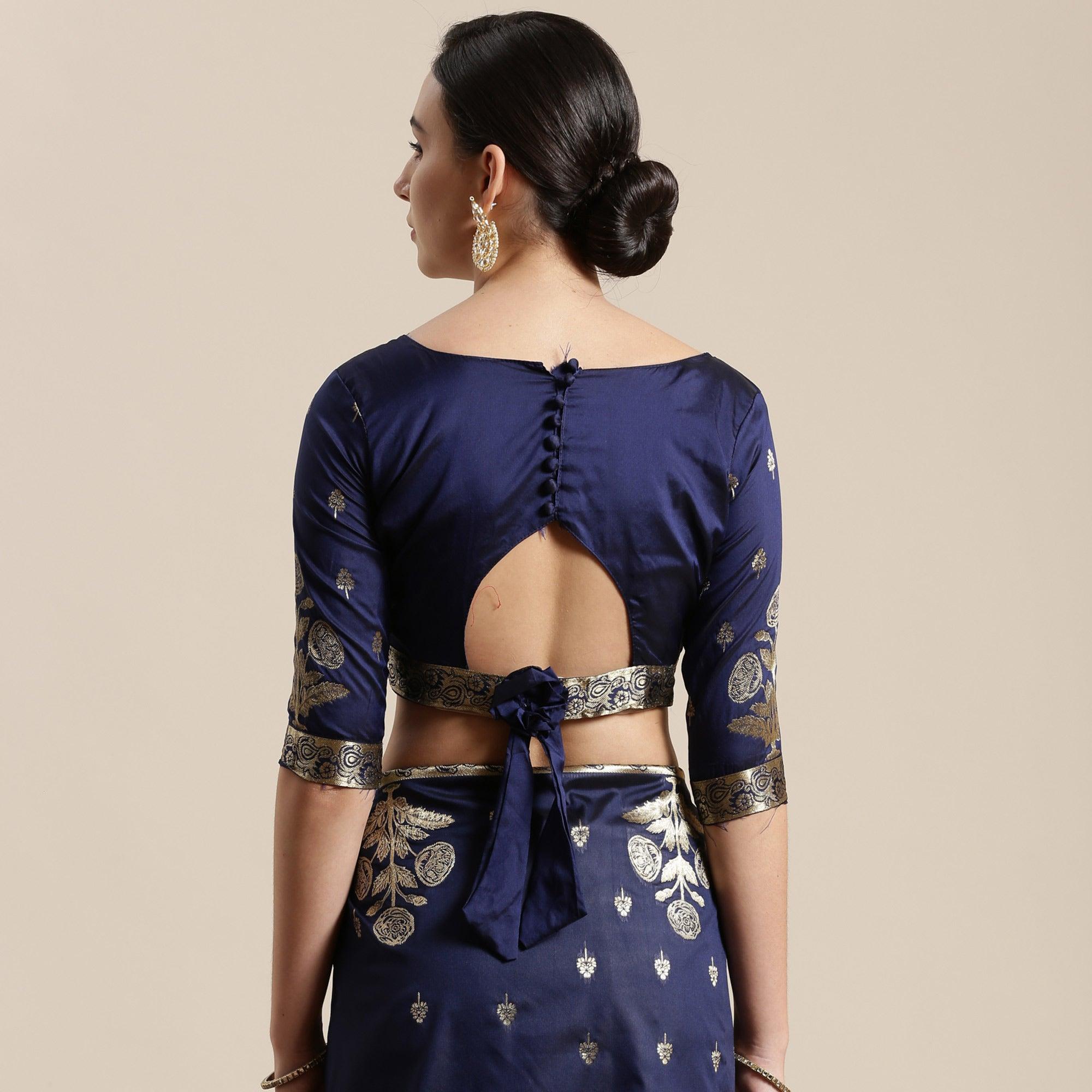 Innovative Navy Blue Colored Festive Wear Silk Blend Woven Floral Saree With Tassels - Peachmode