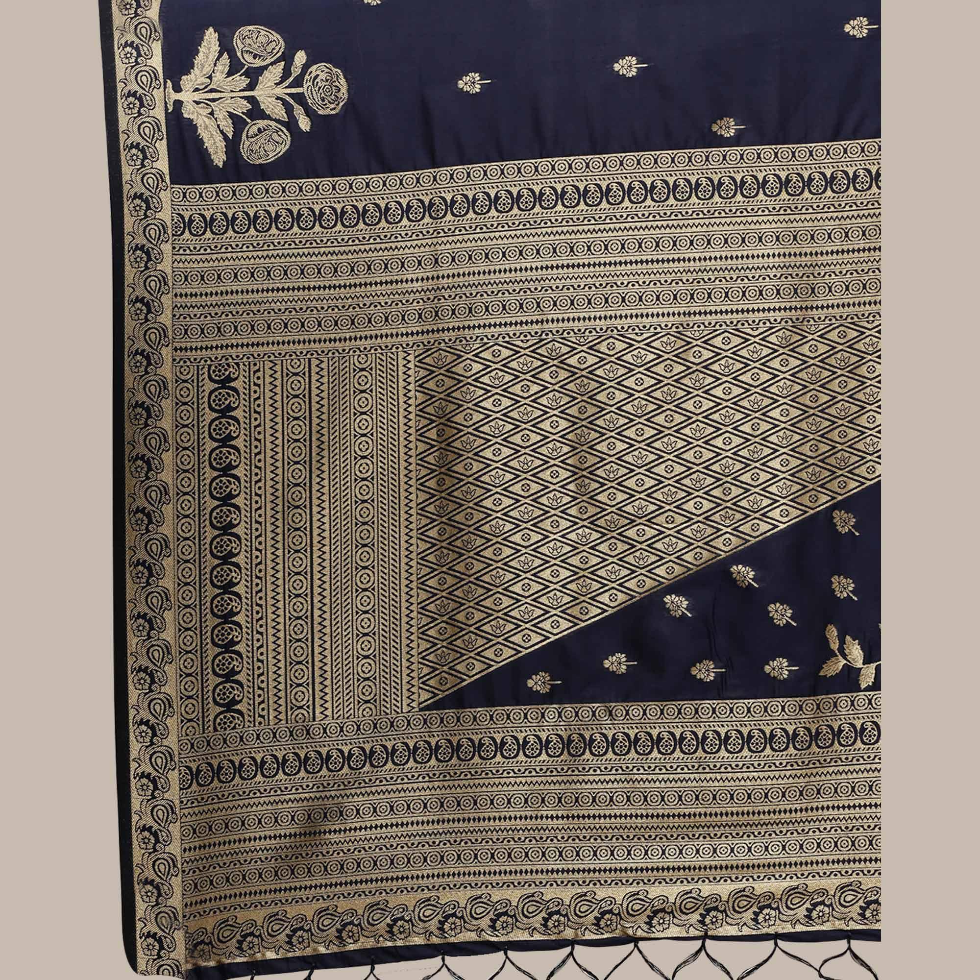 Innovative Navy Blue Colored Festive Wear Silk Blend Woven Floral Saree With Tassels - Peachmode