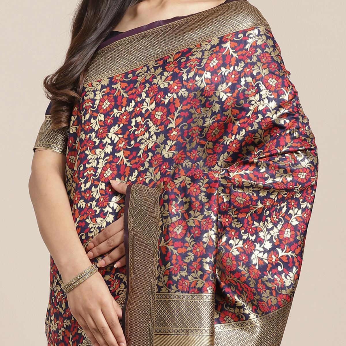 Innovative Navy Blue Colored Festive Wear Woven Silk Blend Saree - Peachmode