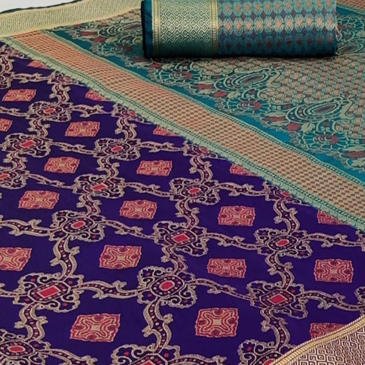 Innovative Navy Blue Colored Festive Wear Woven Silk Saree - Peachmode