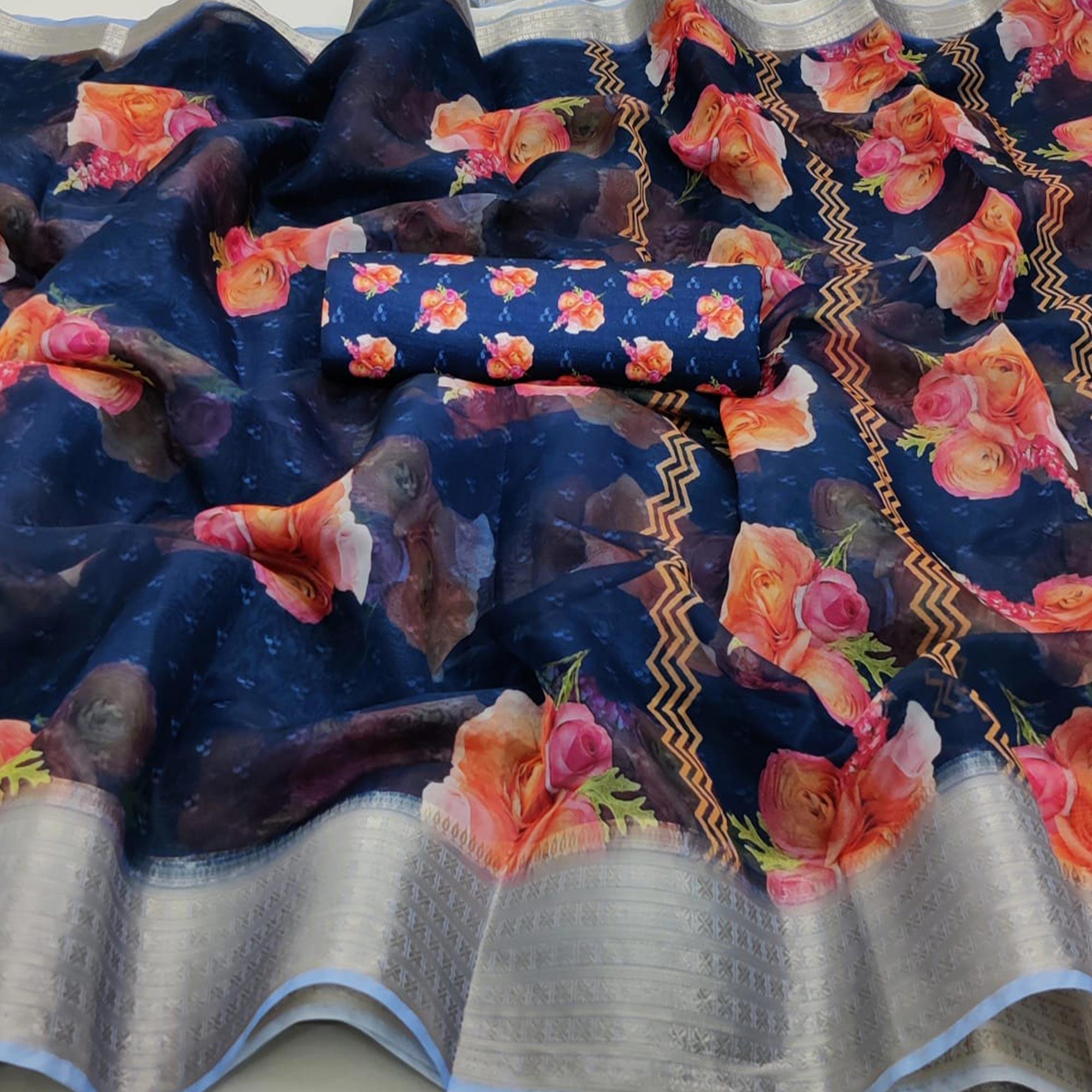 Innovative Navy Blue Colored Partywear Digital Printed Georgette Saree - Peachmode