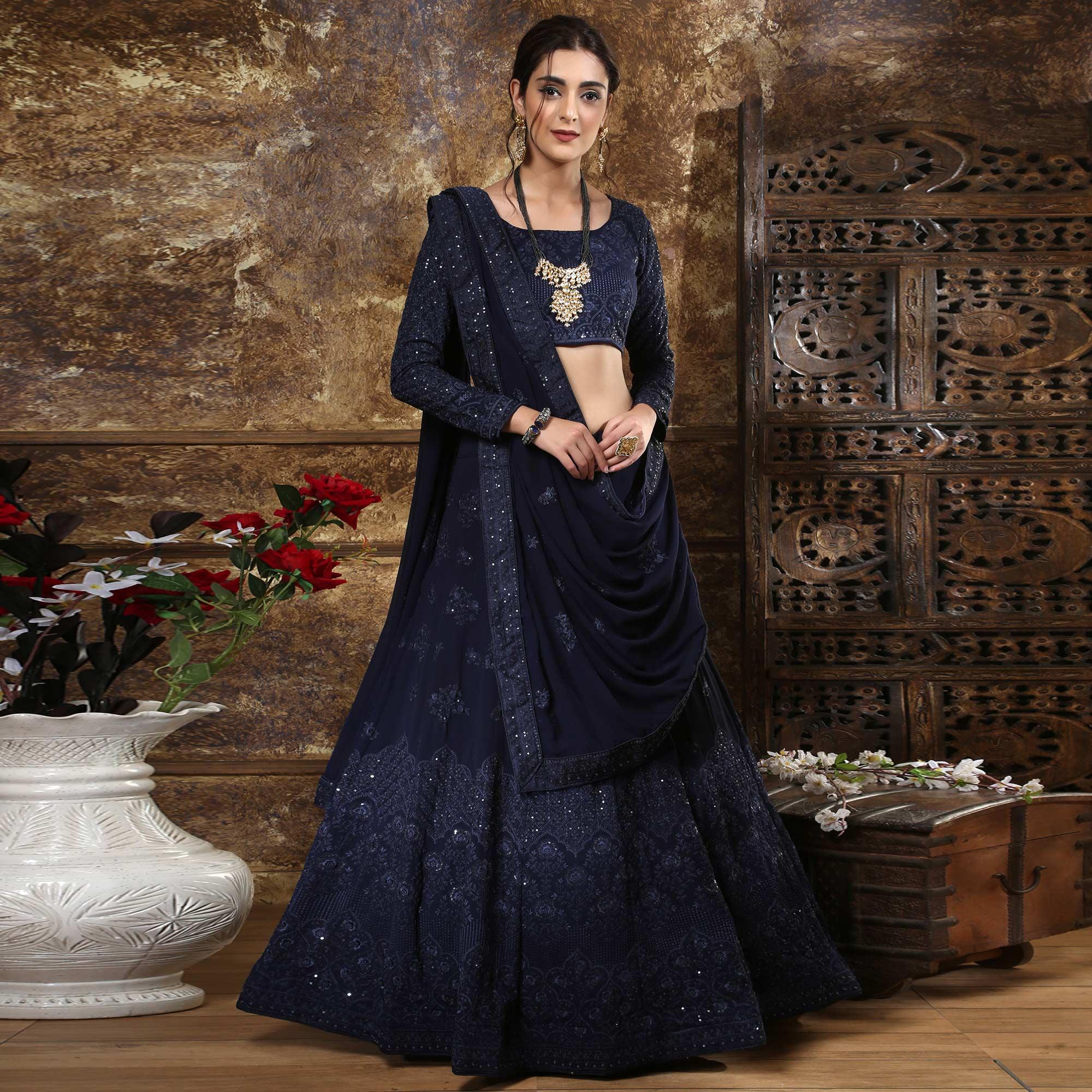 Innovative Navy Blue Colored Partywear Embroidered Gerogette Lehenga Choli - Peachmode