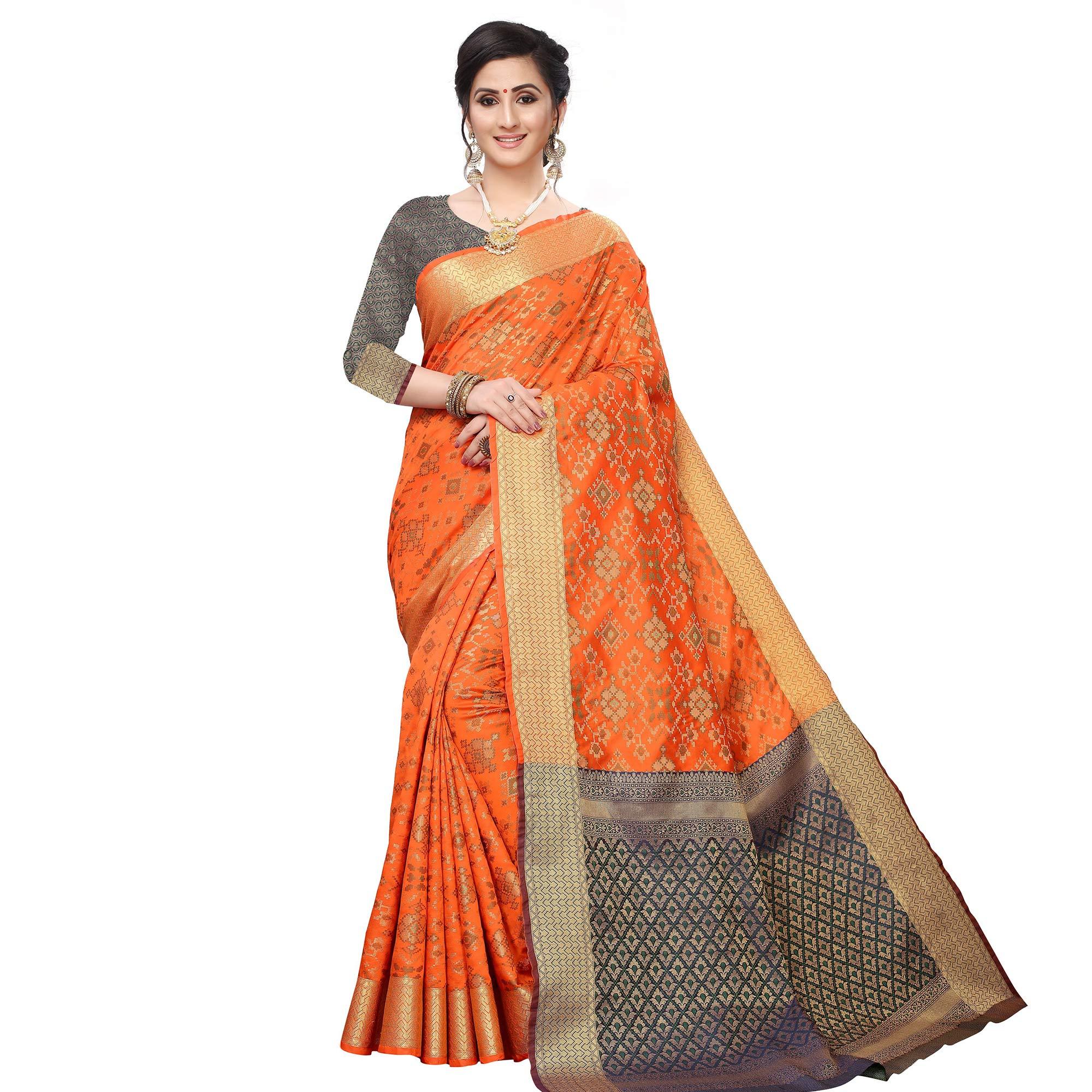 Innovative Orange Colored Festive Wear Woven Kanjivaram Silk Saree - Peachmode