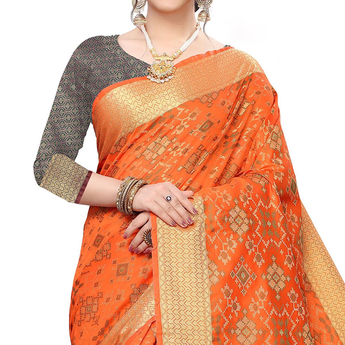 Innovative Orange Colored Festive Wear Woven Kanjivaram Silk Saree - Peachmode