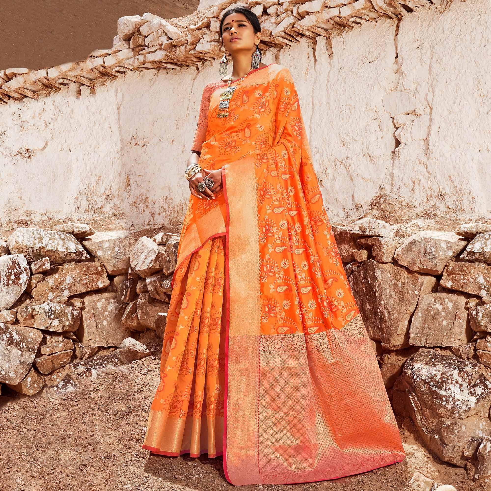 Innovative Orange Colored Festive Wear Woven Silk Saree - Peachmode