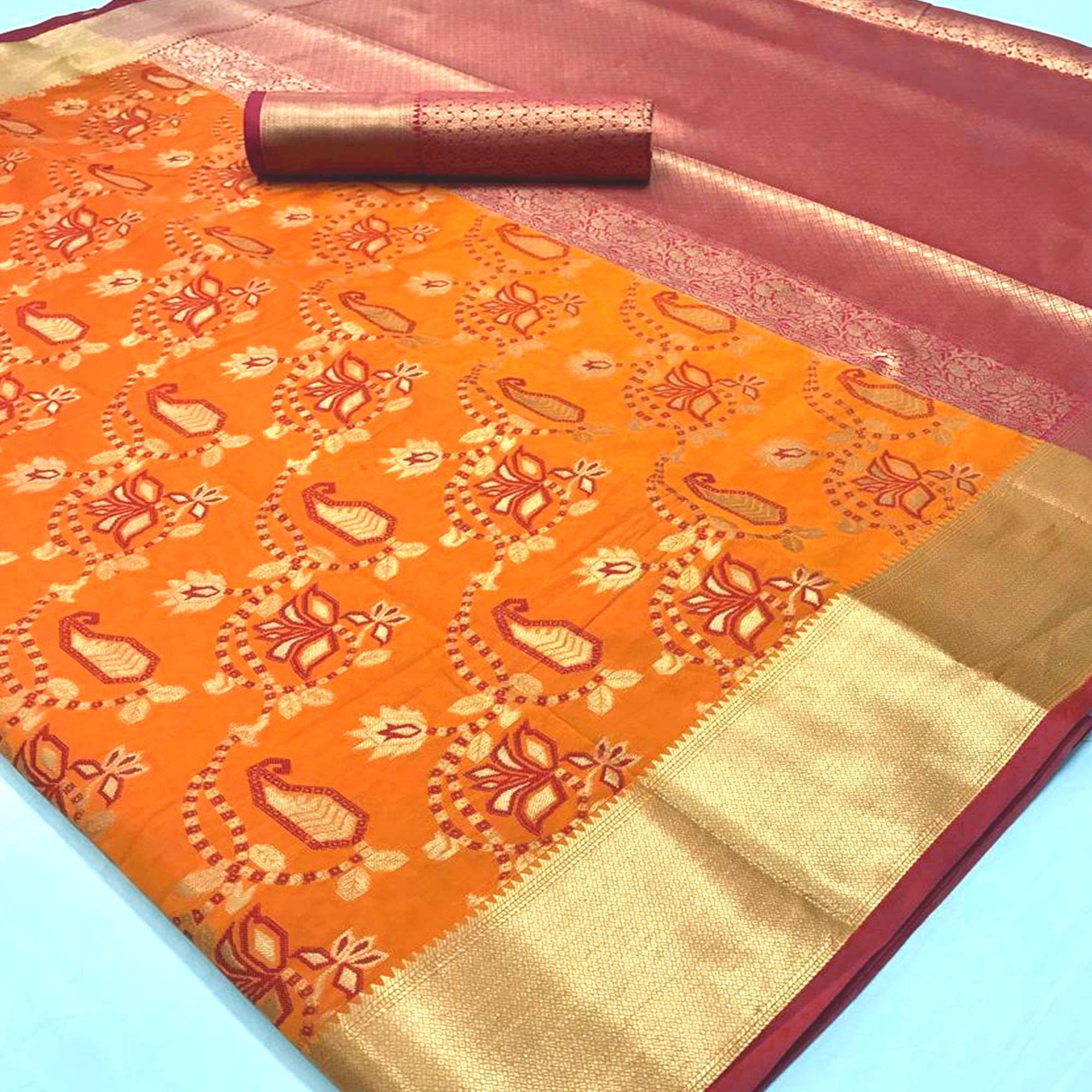 Innovative Orange Colored Festive Wear Woven Silk Saree - Peachmode