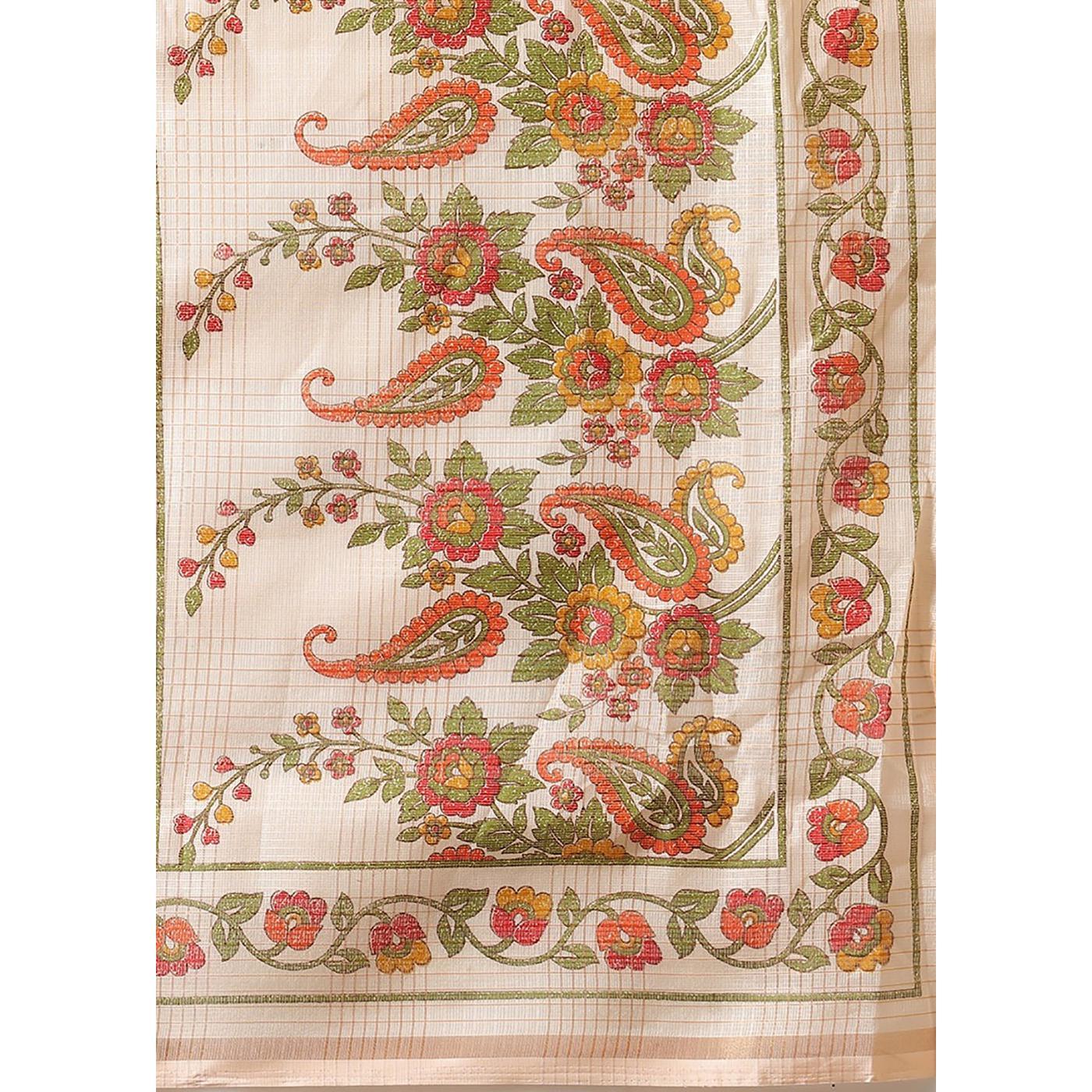 Innovative Peach Colored Casual Wear Floral Printed Linen Saree - Peachmode