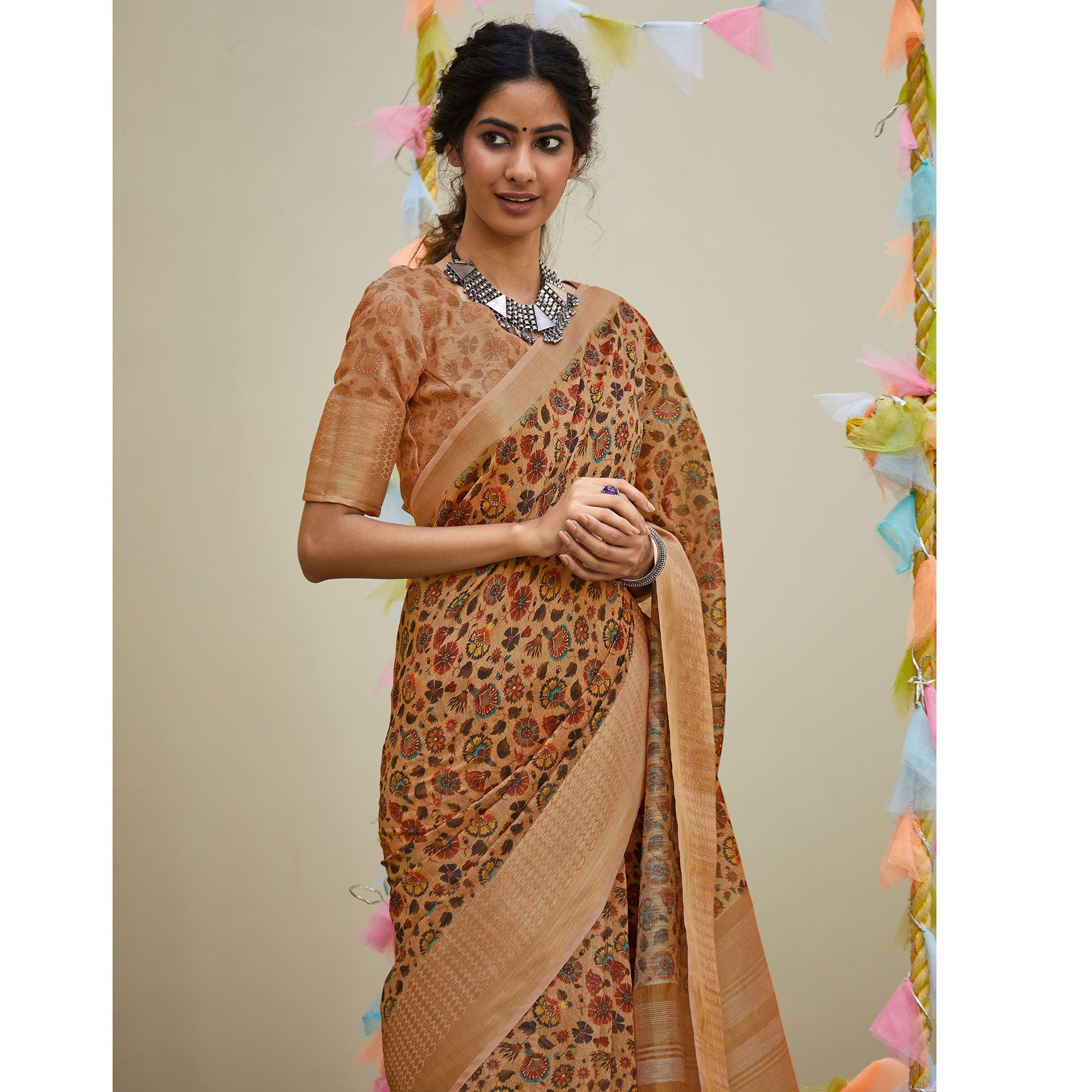 Innovative Peach Colored Party Wear Digital Printed Linen Saree - Peachmode