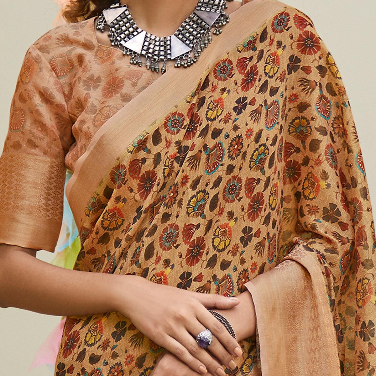 Innovative Peach Colored Party Wear Digital Printed Linen Saree - Peachmode