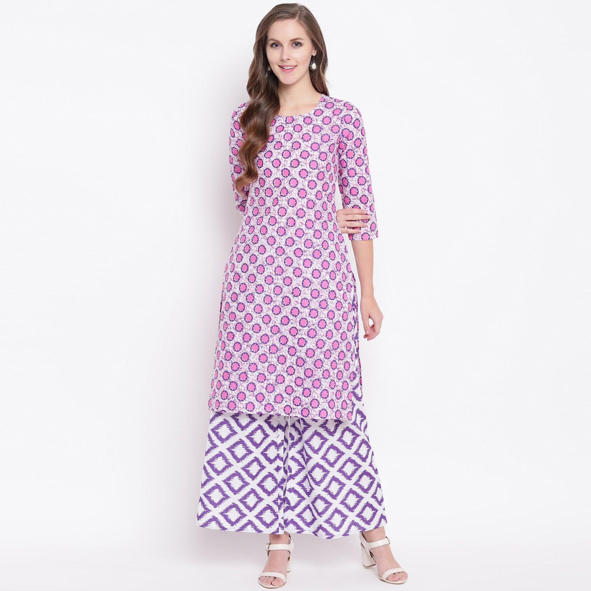 Innovative Pink Colored Casual Printed Cotton Kurti-Palazzo Set - Peachmode