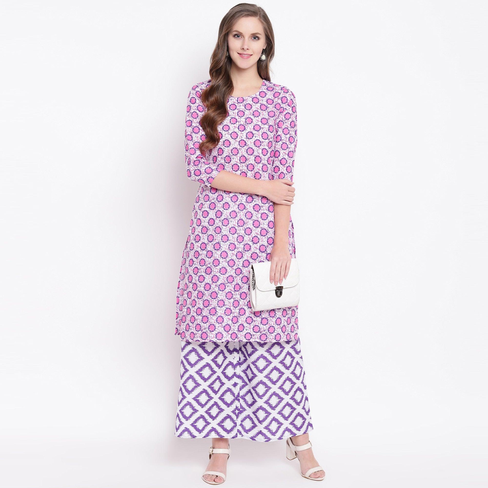 Innovative Pink Colored Casual Printed Cotton Kurti-Palazzo Set - Peachmode