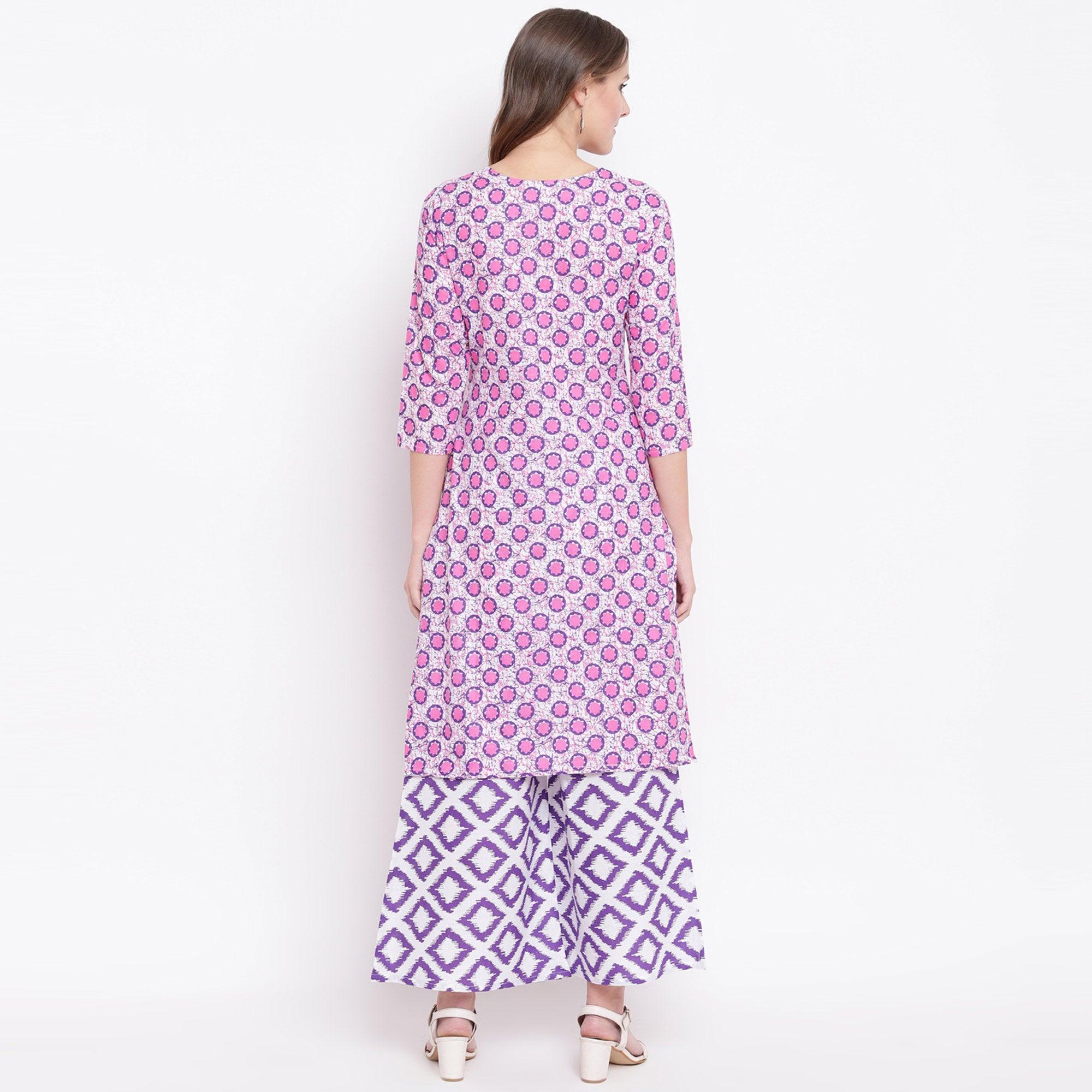 Innovative Pink Colored Casual Printed Cotton Kurti-Palazzo Set - Peachmode