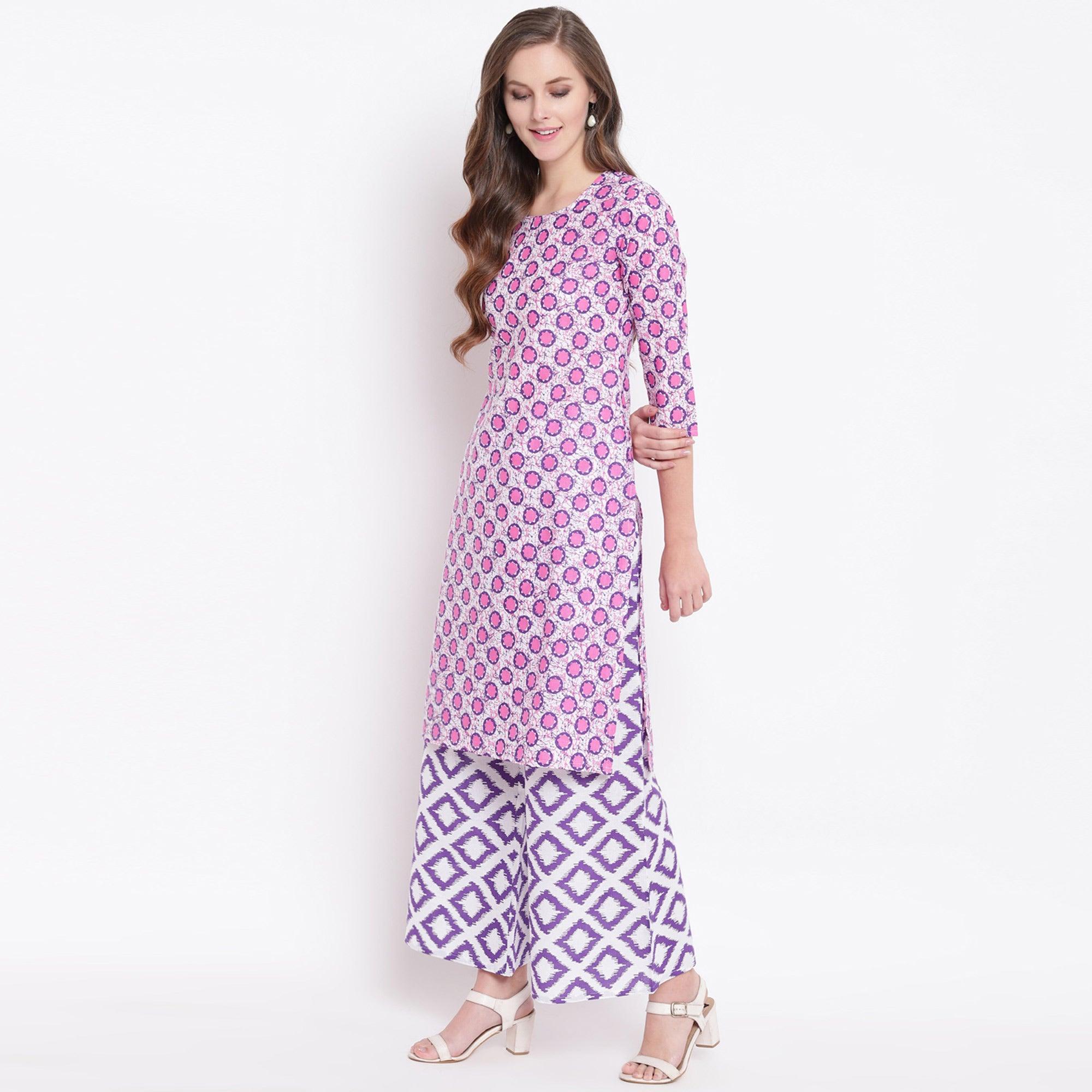 Innovative Pink Colored Casual Printed Cotton Kurti-Palazzo Set - Peachmode