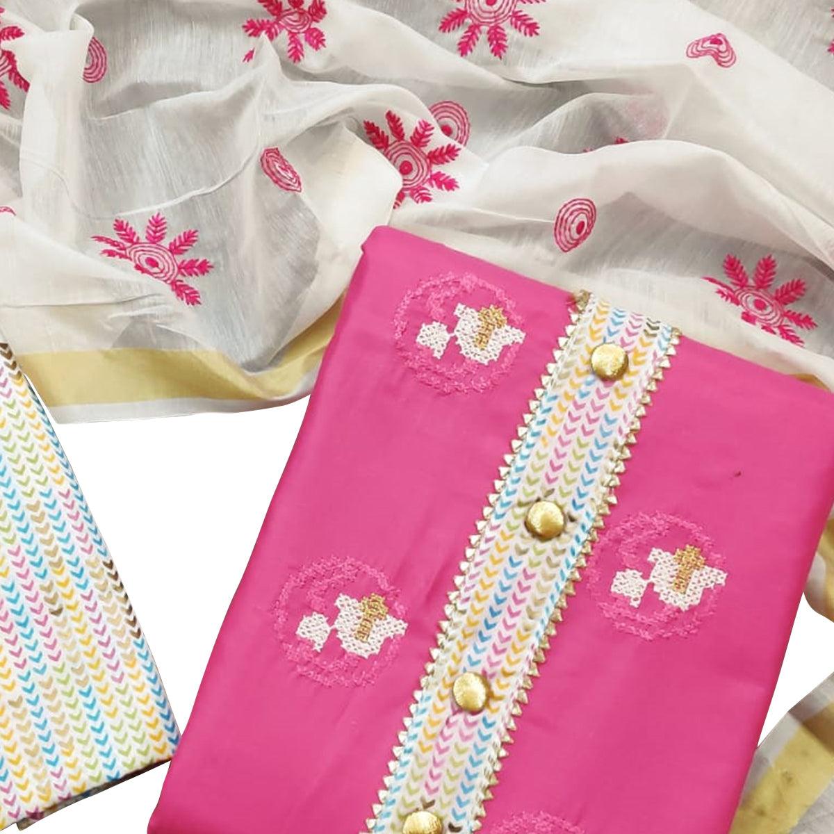 Innovative Pink Colored Casual Wear Embroidered Cotton Dress Material - Peachmode