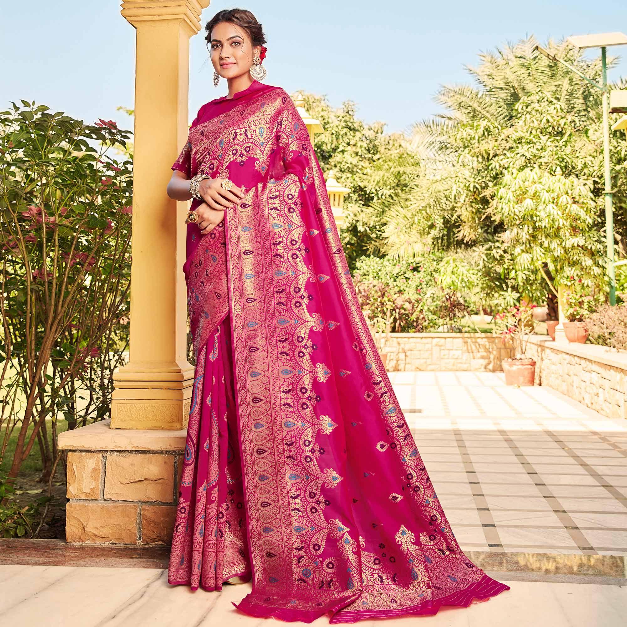 Innovative Pink Coloured Designer Partywear Weaving Silk Saree - Peachmode