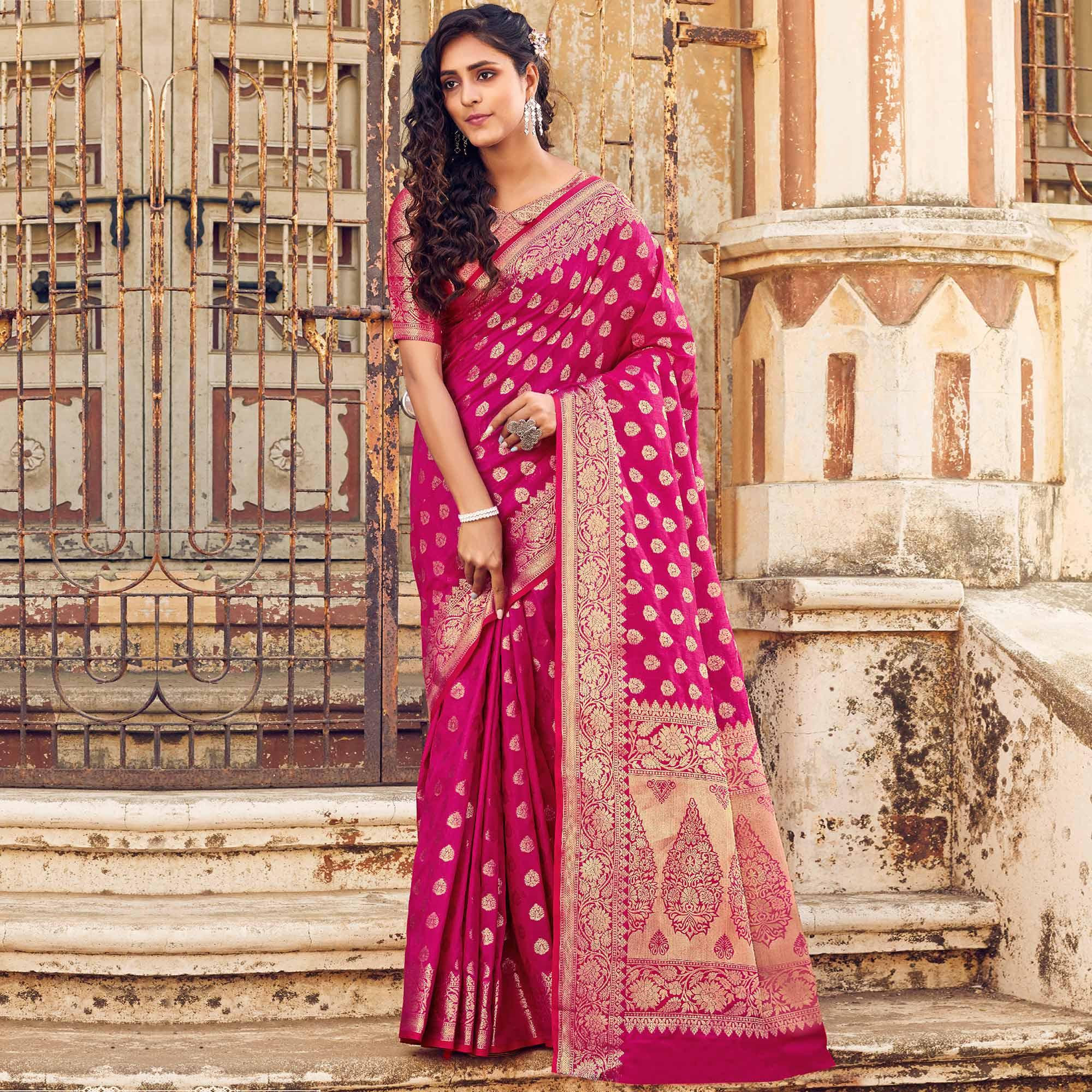 Innovative Pink Coloured Designer Partywear Weaving Silk Saree - Peachmode
