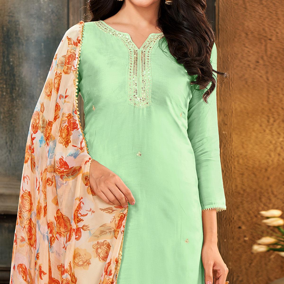 Innovative Pista Green Colored Partywear Embroidered Chanderi Dress Material - Peachmode