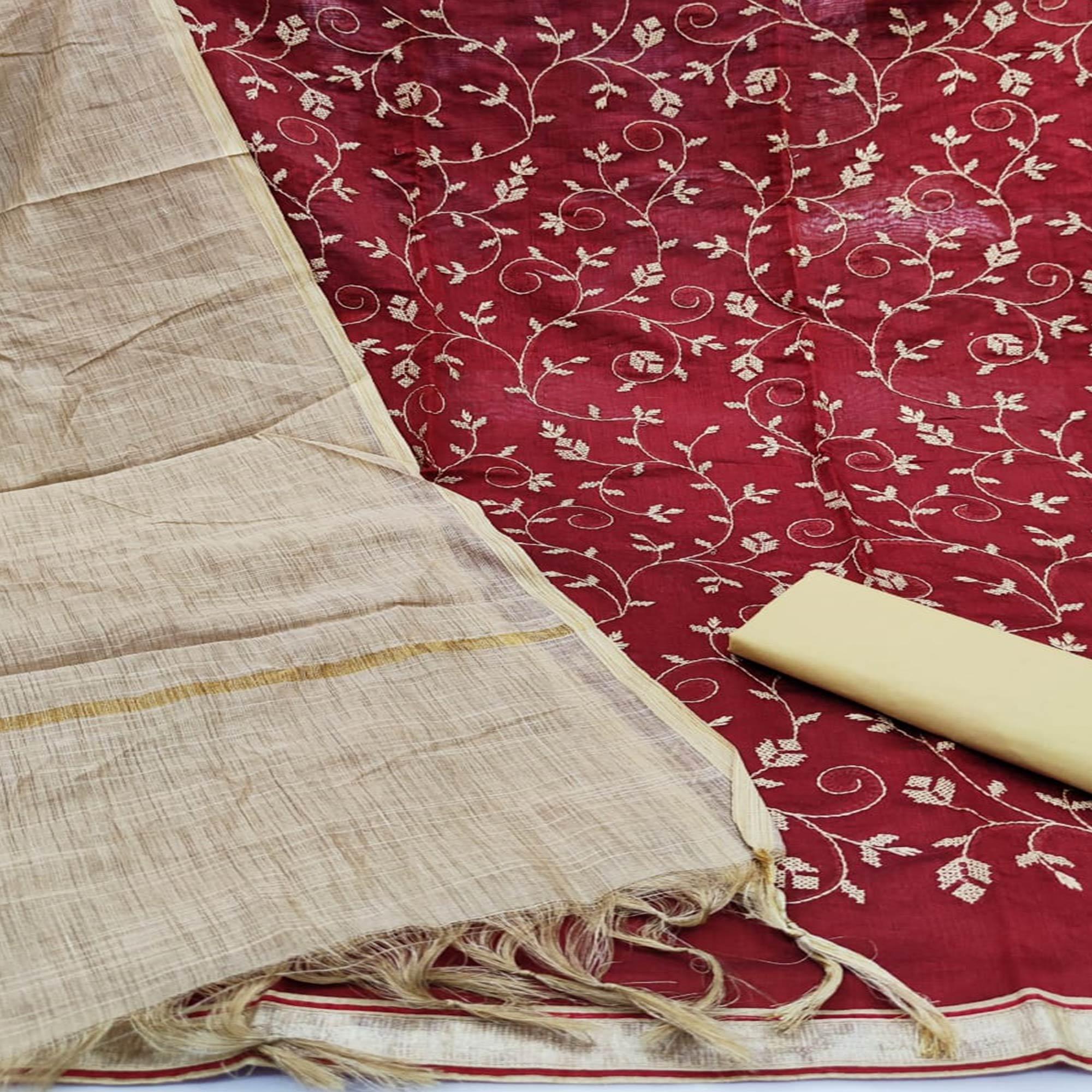 Innovative Red Colored Casual Wear Embroidered Chanderi Dress Material - Peachmode