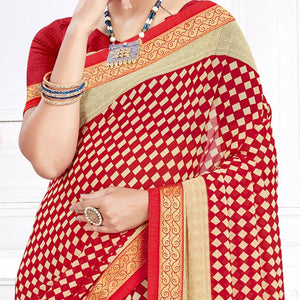Innovative Red Colored Casual Wear Printed Georgette Saree - Peachmode