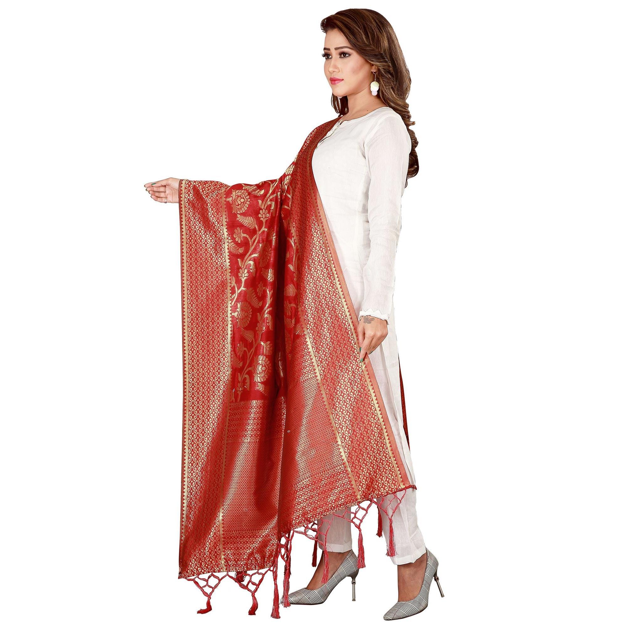 Innovative Red Colored Festive Wear Banarasi Silk Dupatta - Peachmode