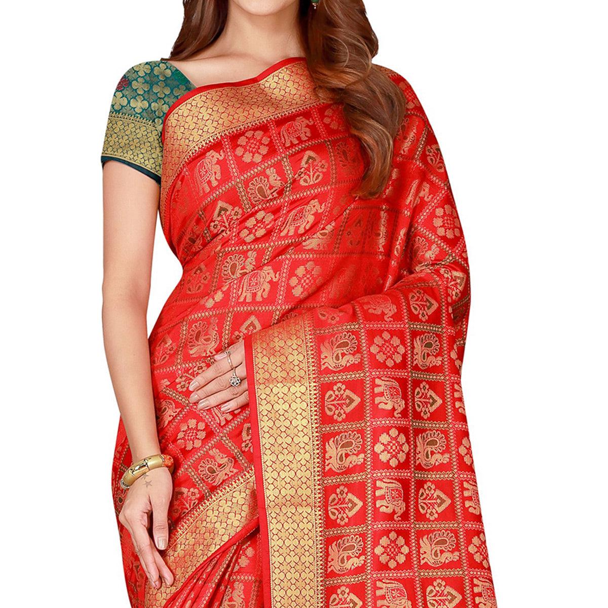 Innovative Red Colored festive Wear silk Saree - Peachmode