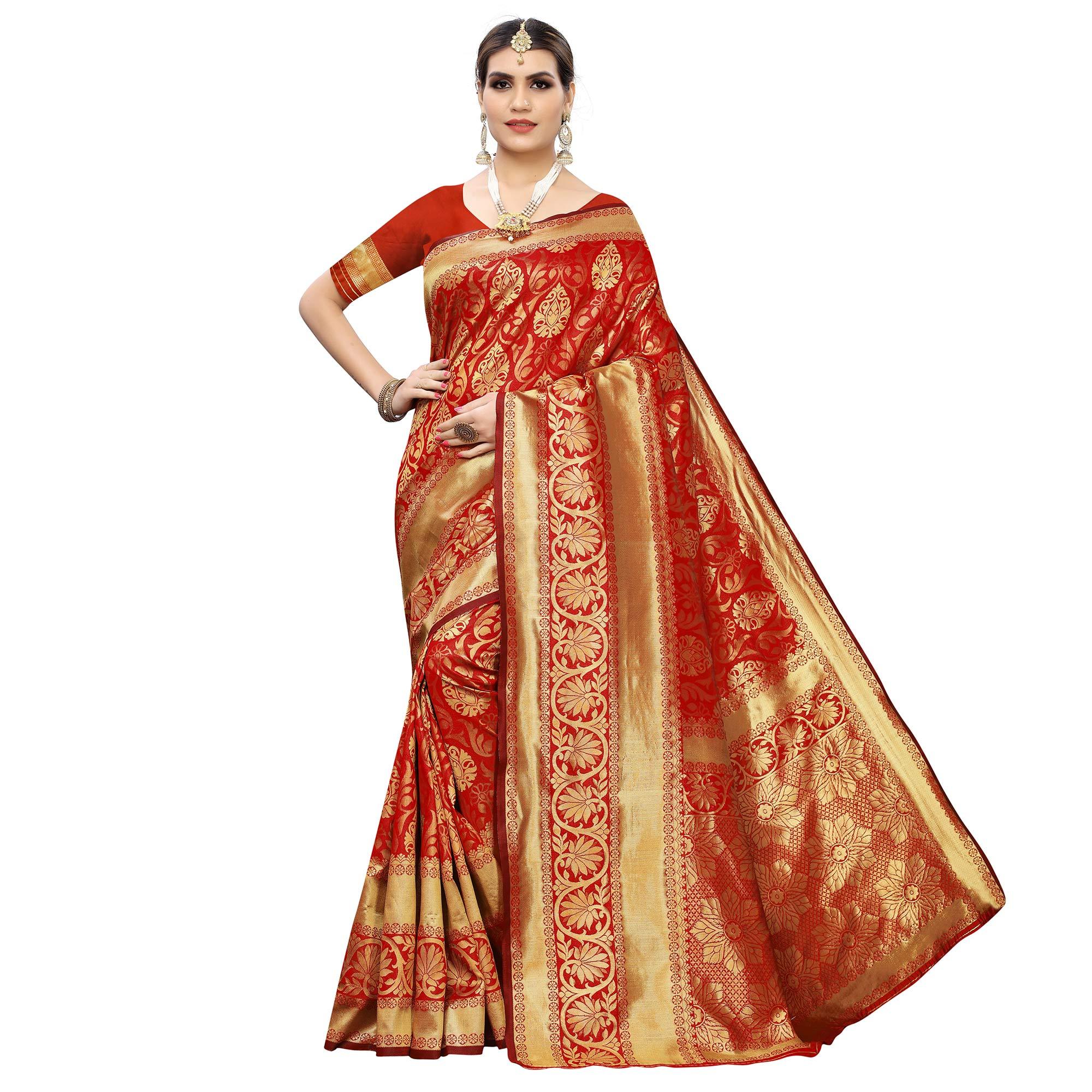 Innovative Red Colored Festive Wear Woven Banarasi Silk Saree - Peachmode