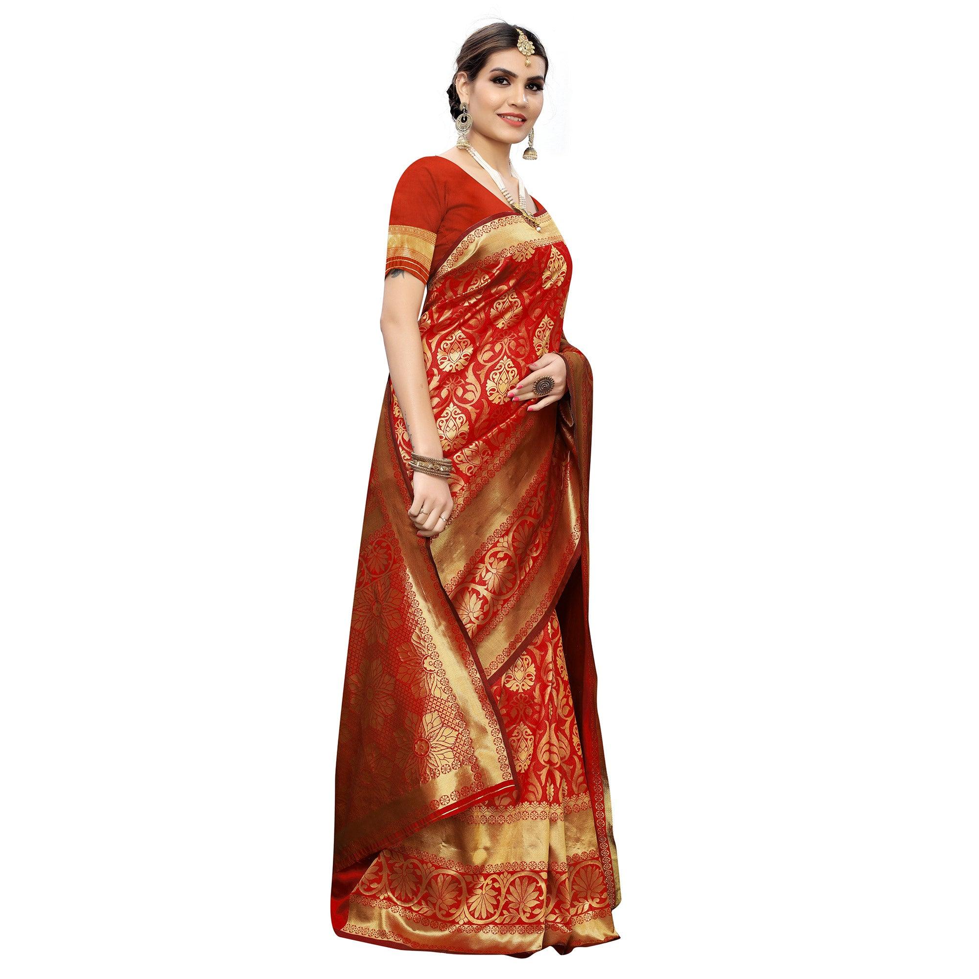 Innovative Red Colored Festive Wear Woven Banarasi Silk Saree - Peachmode