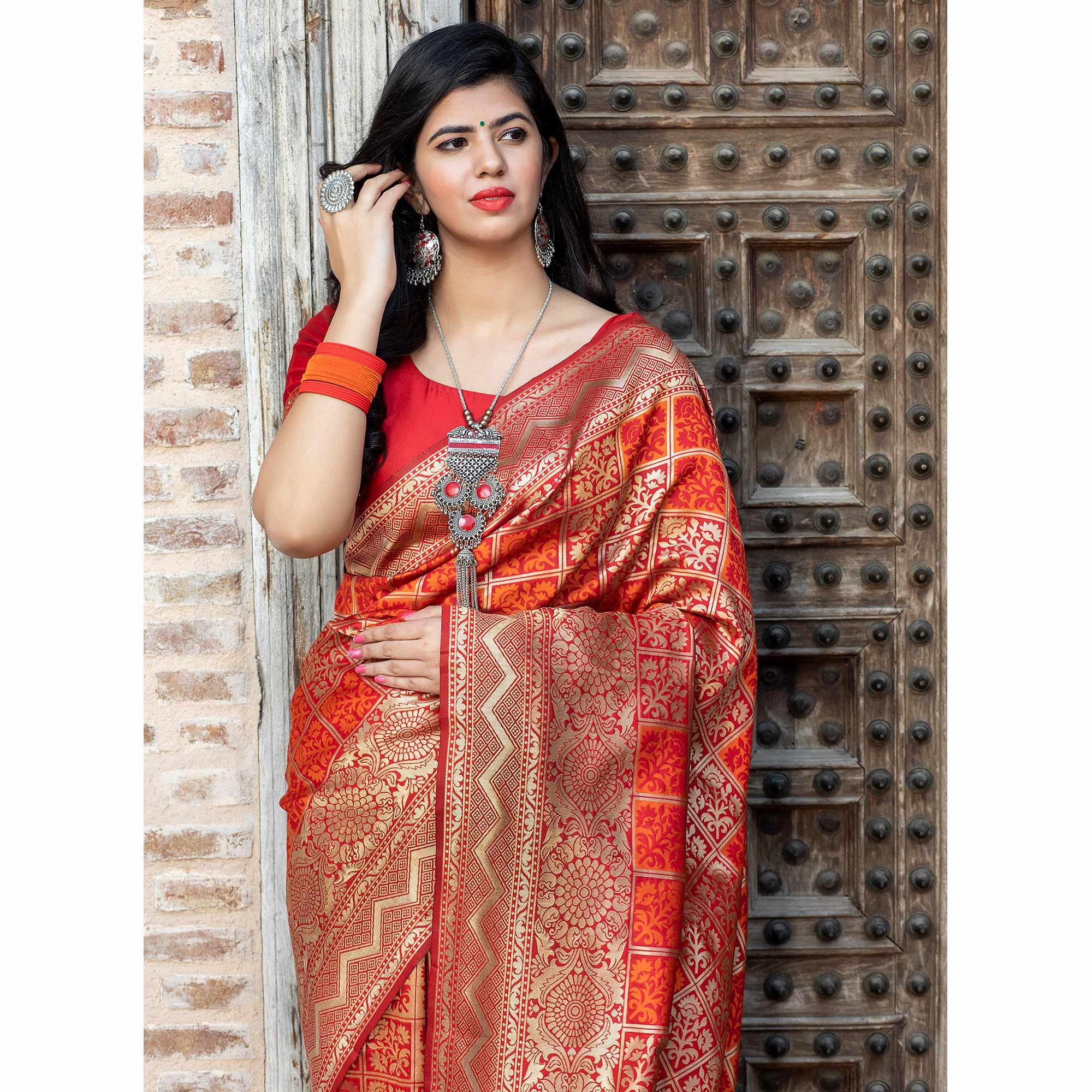 Innovative Red Colored Festive Wear Woven Banarasi Silk Saree - Peachmode