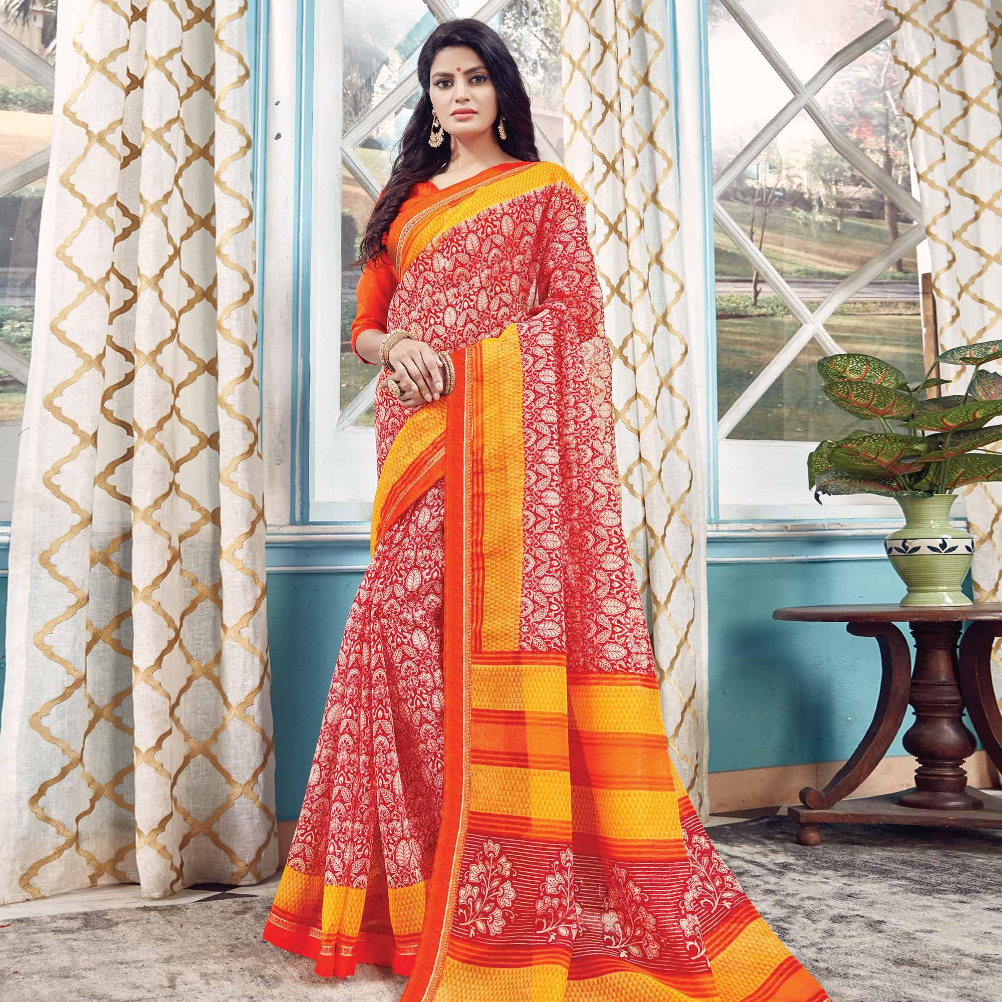 Innovative Red Colored Partywear Printed Silk Saree - Peachmode