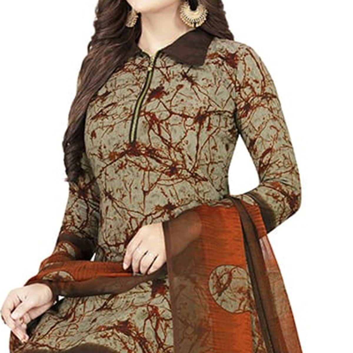 Innovative Teal Grey Colored Casual Printed Crepe Churidar Dress Material - Peachmode