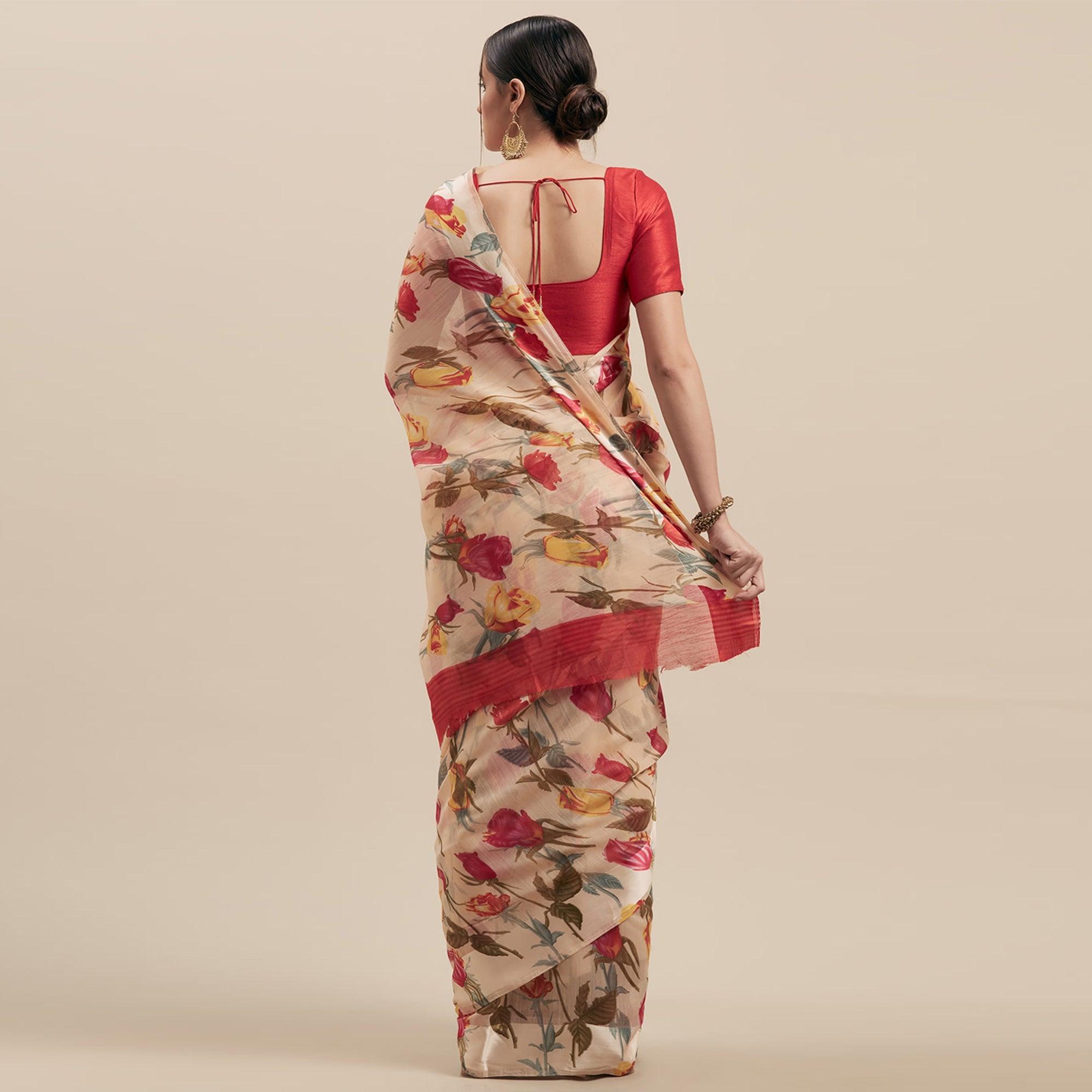 Innovative White-Red Colored Casual Wear Floral Printed Linen Saree - Peachmode