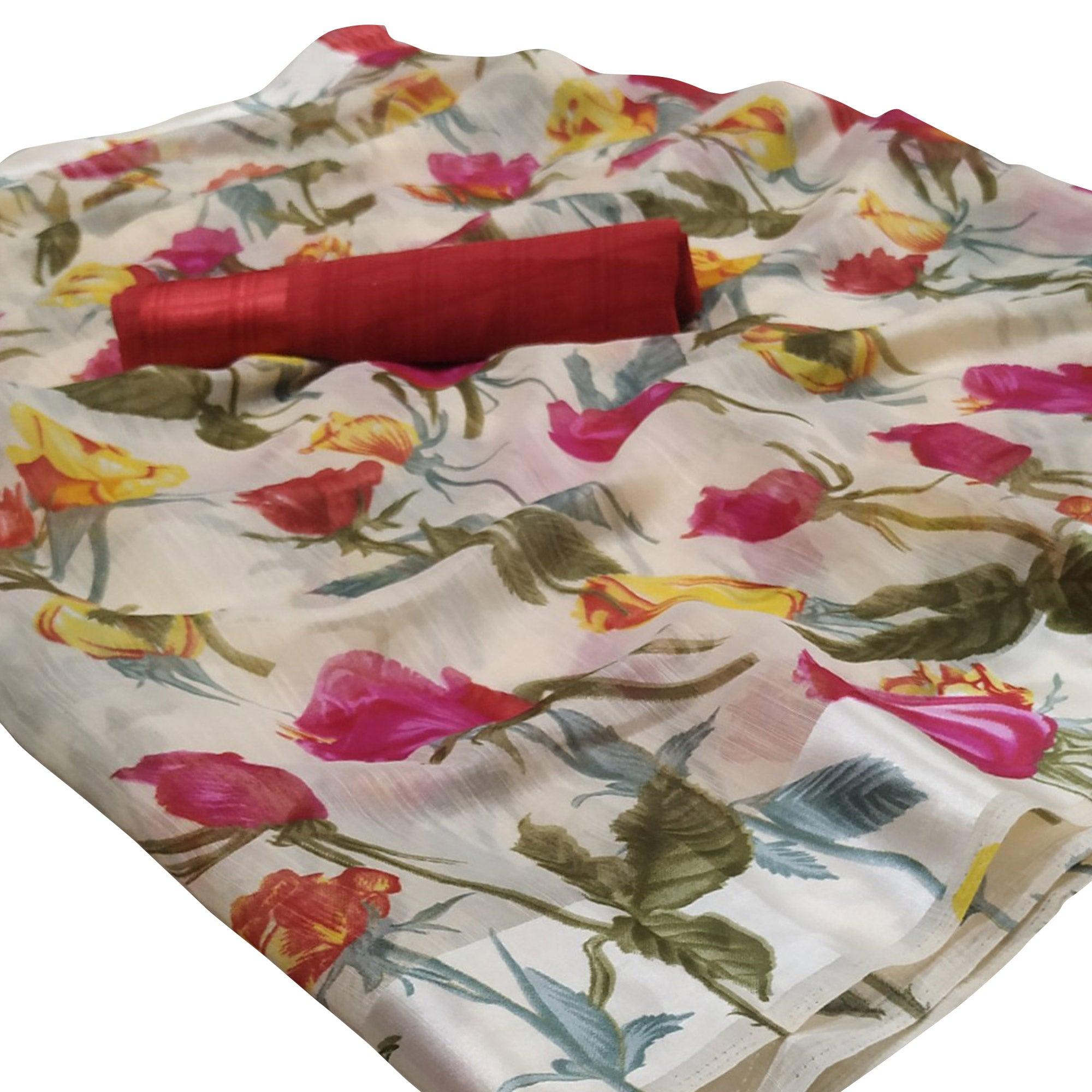 Innovative White-Red Colored Casual Wear Floral Printed Linen Saree - Peachmode