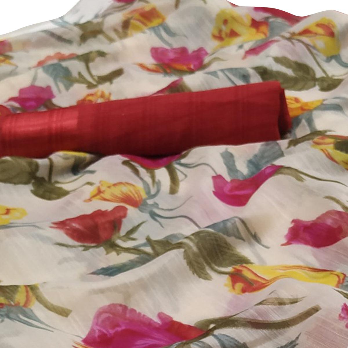 Innovative White-Red Colored Casual Wear Floral Printed Linen Saree - Peachmode