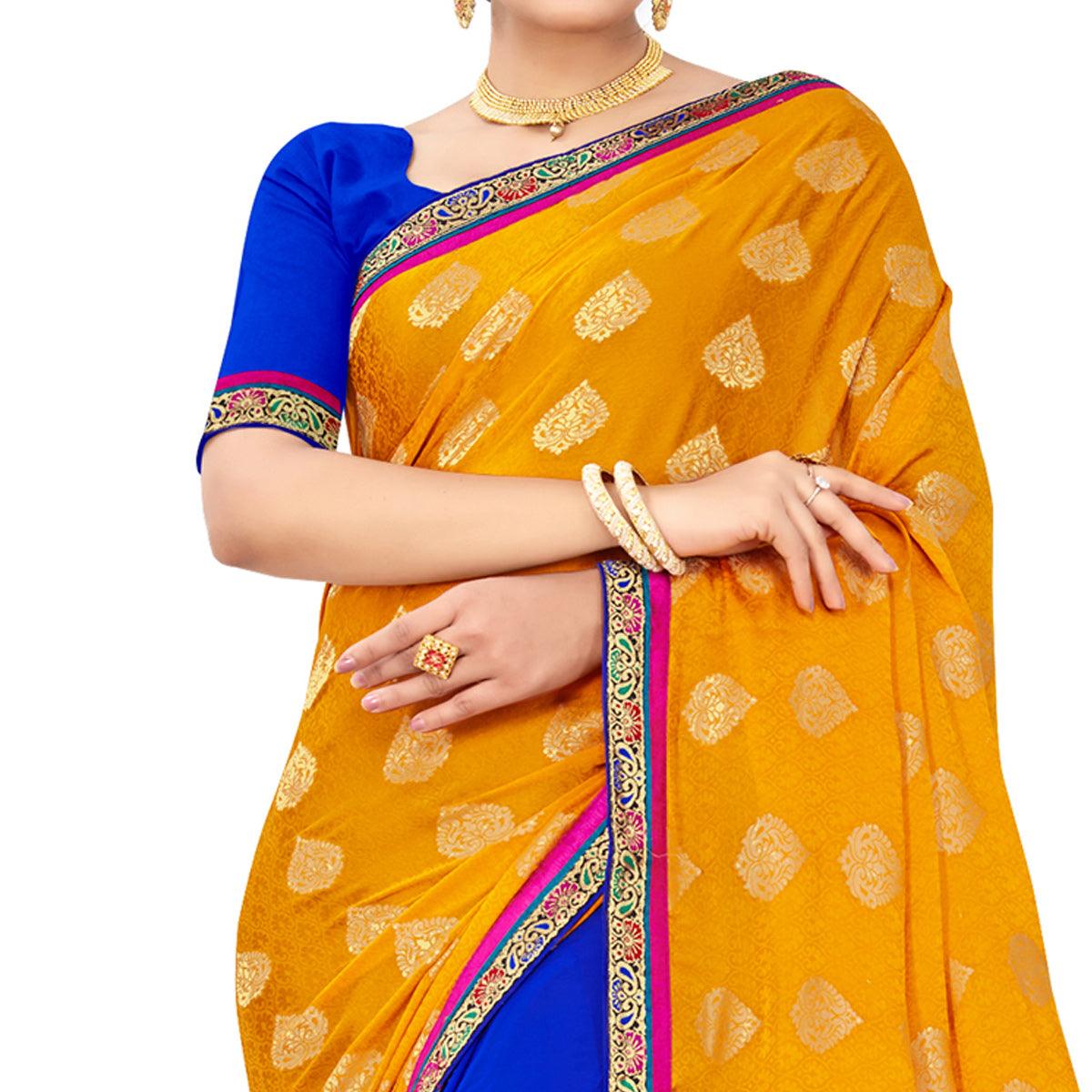 Innovative Yellow-Blue Colored party Wear Embroidered Georgette Half-Half Saree - Peachmode