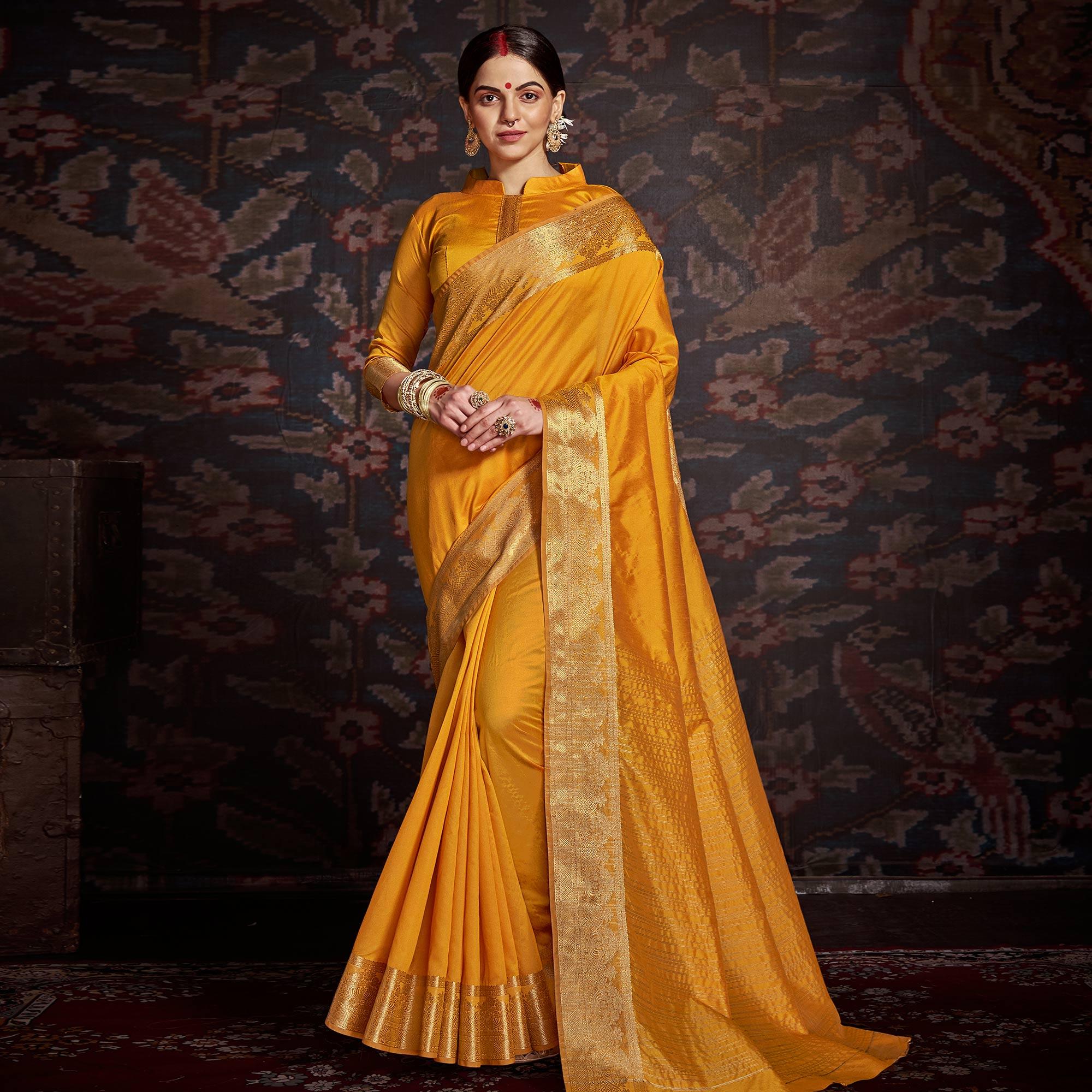 Innovative Yellow Colored Festive Wear Woven Silk Saree - Peachmode