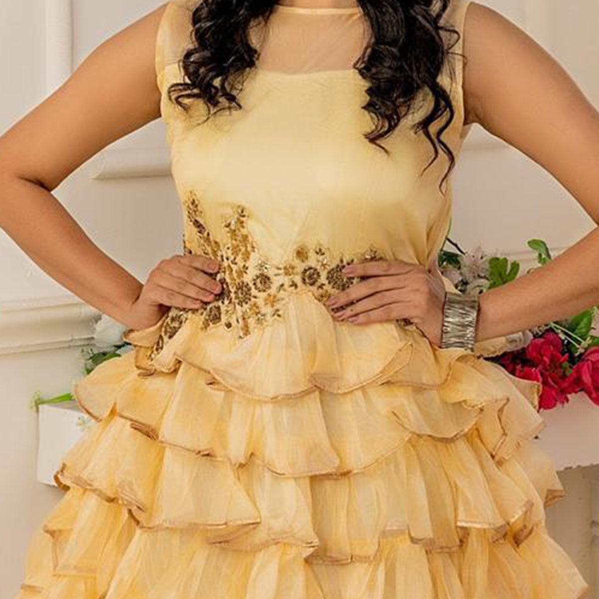 Innovative Yellow Colored Party Wear Embroidered Soft Net Anarkali Style Gown - Peachmode